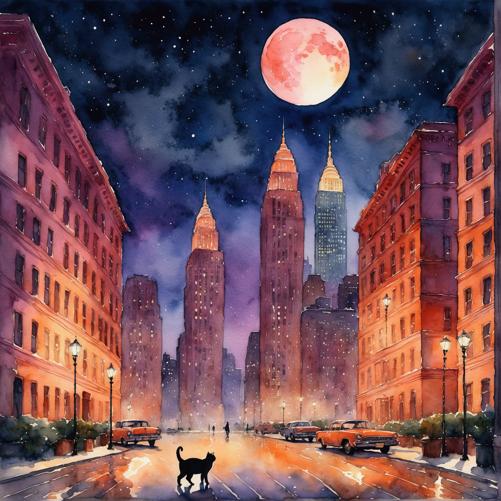 Mysterious, Ethereal January Night in Watercolor Style. pink々The Rockefeller building that became、Adds a touch of evil to the scene. The colors are vivid, The texture of the brush strokes adds depth to the surreal atmosphere.. Moonlit nights create a dreamy atmosphere, Haunting, melancholic, intricate and detailed、The background is light orange、A cat is walking