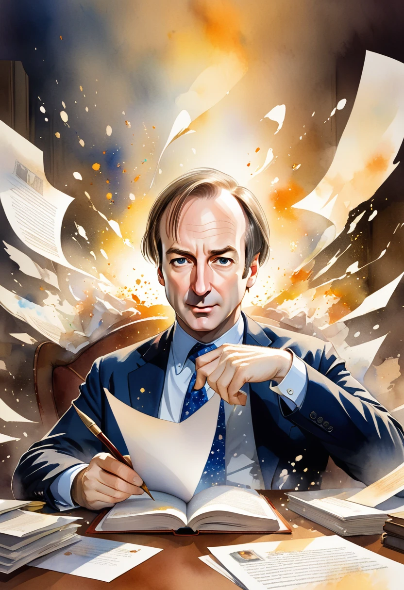 Watercolor painting of greedy lawyer Saul Goodman (Bob Odenkirk) Pictures that overlap with US documents, dramatic, Carne Griffith and Rembrandt, "Coquettish lawyers" Watercolor quick drawing, Stylized layered overlapping images, Disintegrating loose brushstrokes watercolor, Complex contrast, Soft volumetric lighting; V-Ray