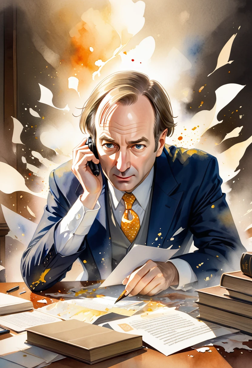 Watercolor painting of greedy lawyer Saul Goodman (Bob Odenkirk) Pictures that overlap with US documents, dramatic, Carne Griffith and Rembrandt, "Coquettish lawyers" Watercolor quick drawing, Stylized layered overlapping images, Disintegrating loose brushstrokes watercolor, Complex contrast, Soft volumetric lighting; V-Ray