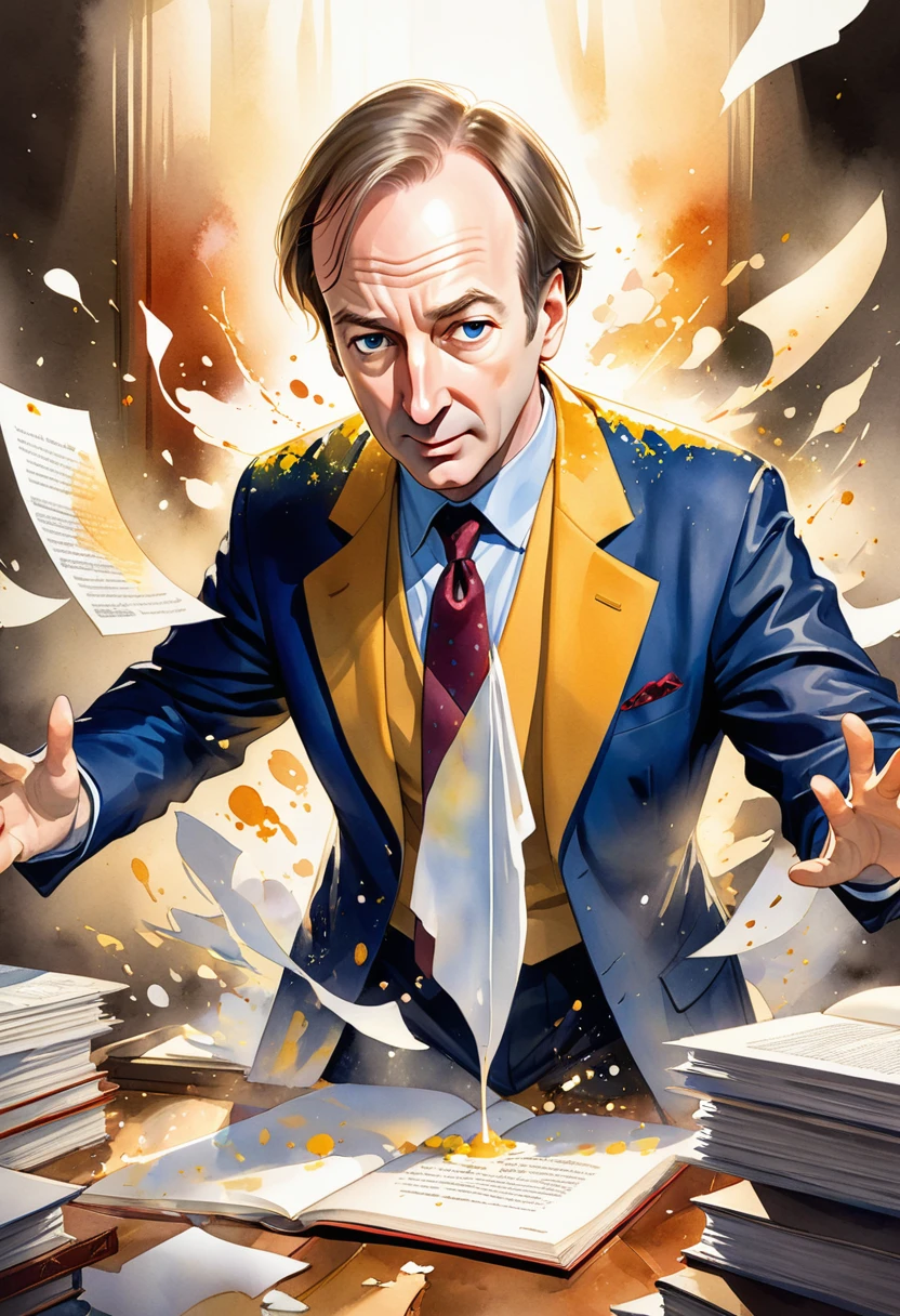 Watercolor painting of greedy lawyer Saul Goodman (Bob Odenkirk) Pictures that overlap with US documents, dramatic, Carne Griffith and Rembrandt, "Coquettish lawyers" Watercolor quick drawing, Stylized layered overlapping images, Disintegrating loose brushstrokes watercolor, Complex contrast, Soft volumetric lighting; V-Ray