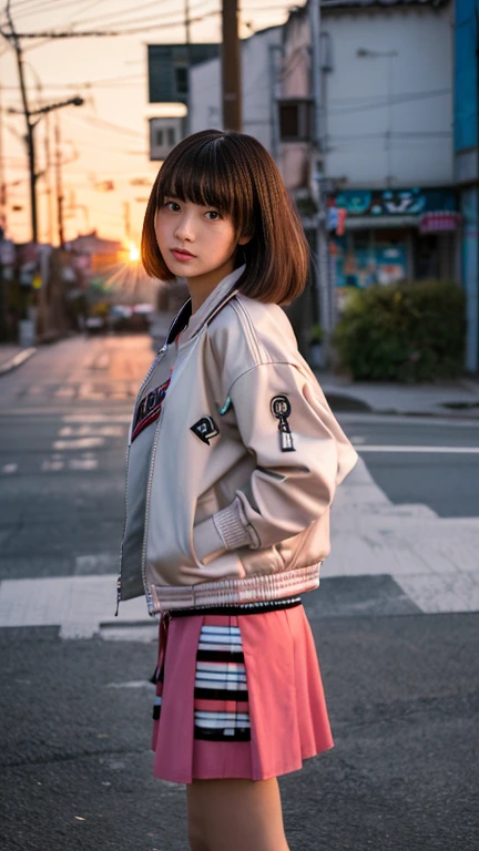 Girl with flamboyant appearance and rebellious attitude, Japanese, 15 years old, (detailed and detailed eyes, two well-defined beautiful eyes), delinquent girl, alone, gal style with emphasis on cuteness, jacket, extremely short skirt, sneakers, bobbed hair, looking at viewer, lonely expression, solitude, old Hakodate in background Townscape, summer, evening, sunset, movie scene, realistic, 8K, masterpiece, super high resolution, RAW photo, highest quality,