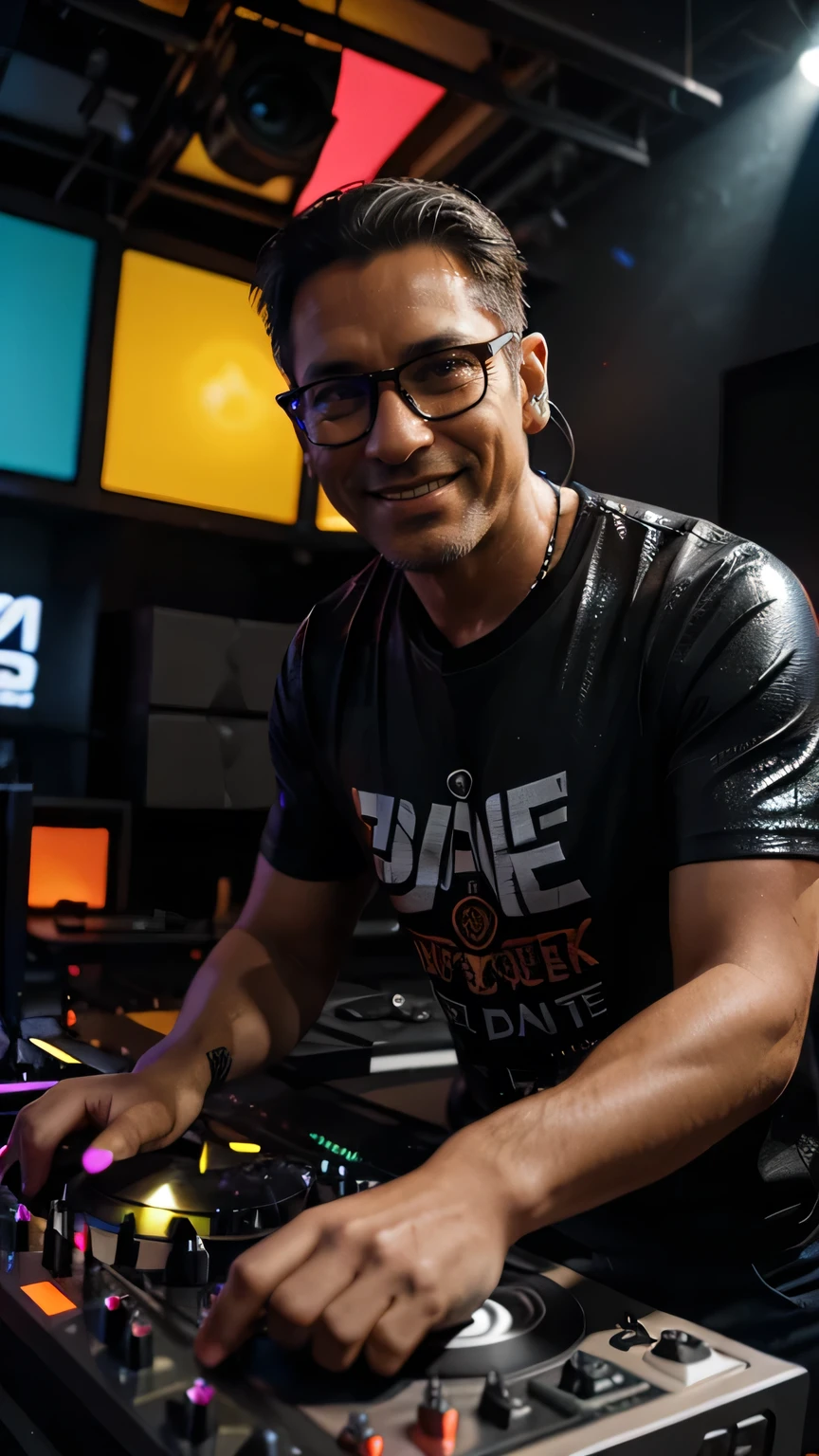A handsome 48-year-old male, smile, Wearing glasses, Tiger print T-shirt、 intense DJ performance, ultra futuristic DJ equipment, luminous DJ turntables, DJ booth with bright rainbow-colored lights reflecting dazzlingly, futuristic metal walls.