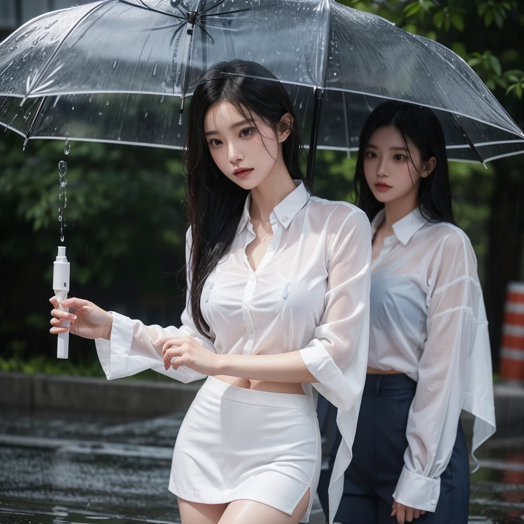 mini skirt、Hair getting wet in the rain、Transparent shirt、Beautiful woman getting wet in the rain、typhoon、Get wet without an umbrella、Beautiful woman in the rain、雨で濡れたBeautyOL、Detailed face、Realistic、beautiful girl、Beauty、Office Lady Uniform、beauty、Beautiful woman、Narrow waist、Handsome woman、Tight pants look、suit、Sexy pose、タイトなsuitパンツ、雨で濡れたsuit、Wet shirt、See-through shirt、Shot in heavy rain、See-through underwear