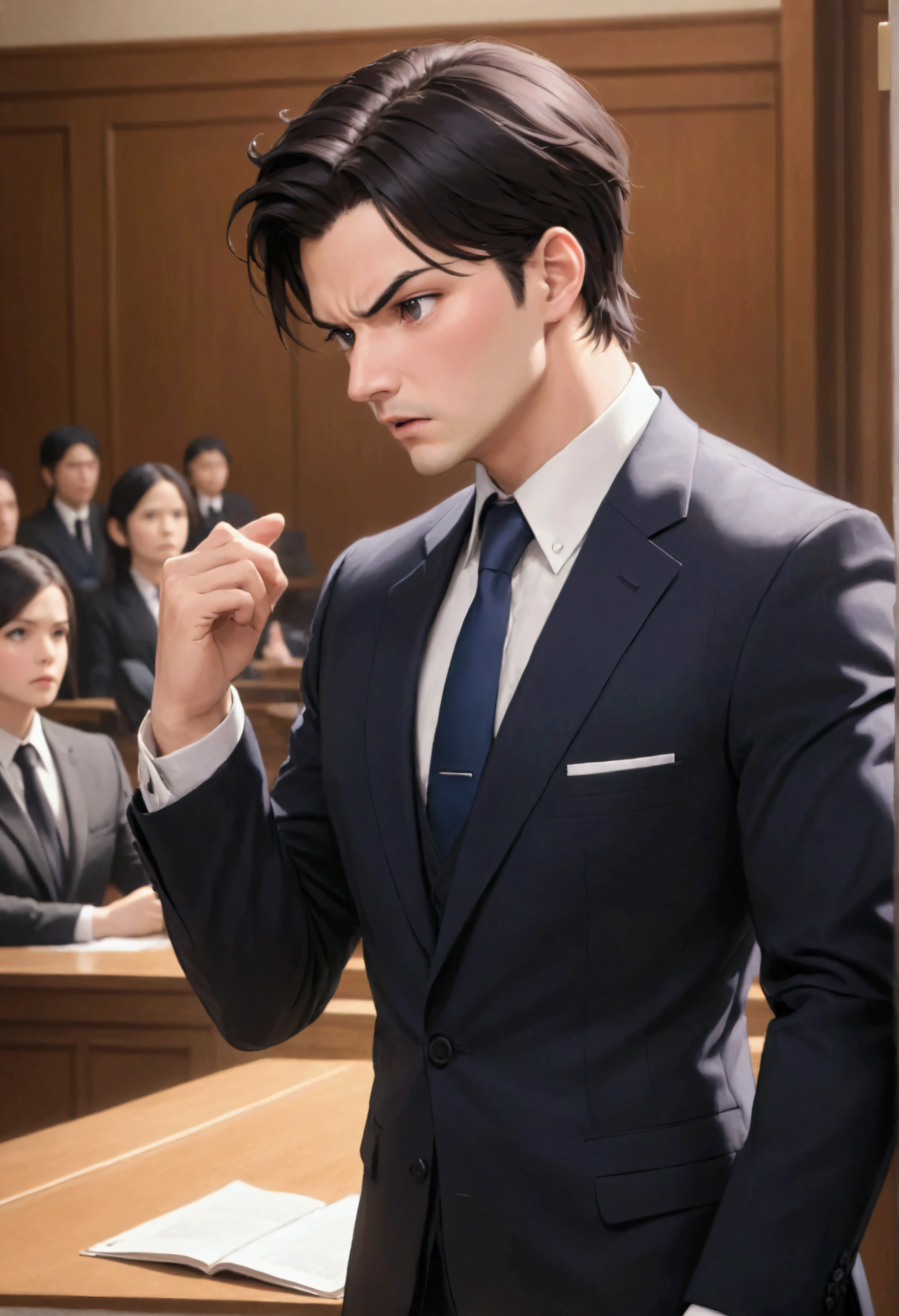Dressed in a tailored suit, facing the prosecution in the courtroom, arguing, desperate, Professional, committed, high-quality portrayal,