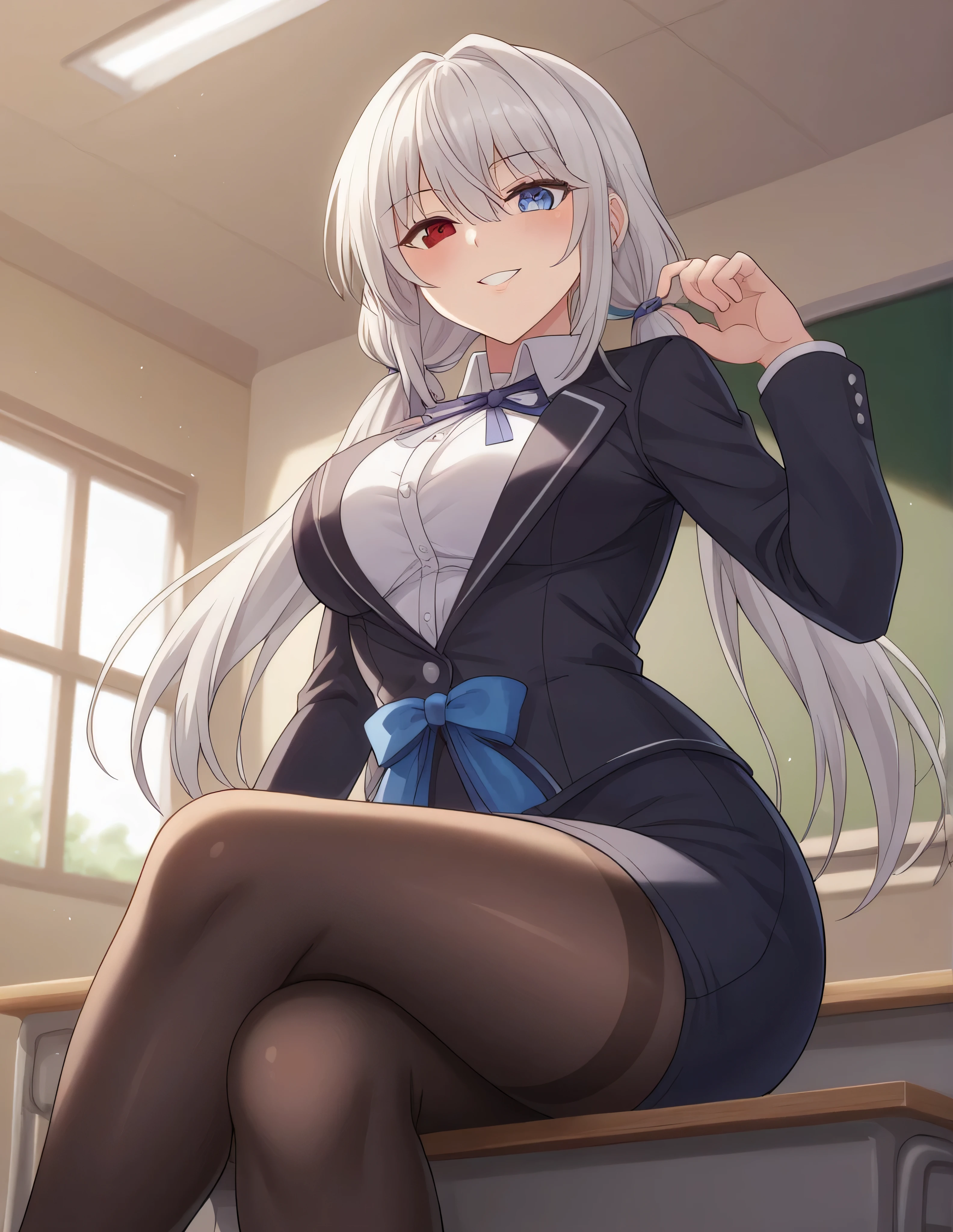 1girl, solo, long hair, breasts, looking at viewer, blush, smile, bangs, skirt, large breasts, blazer, shirt, heterochromia, red eyes, blue eyes, long sleeves, ribbon, twintails, medium breasts, sitting, black blazer, white shirt, white hair, streaked hair, pantyhose, parted lips, day, collared shirt, indoors, hand up, black skirt, hair over one eye, grin, blue skirt, black pantyhose, window, dress shirt, neck ribbon, low twintails, from below, crossed legs, blue ribbon, desk, pencil skirt, thighband pantyhose, classroom, chalkboard, on desk, sitting on desk, (masterpiece), best quality, high resolution, unity 8k wallpaper, (illustration), (beautiful detailed eyes), extremely detailed face, perfect lighting, extremely detailed CG, (perfect hands, perfect anatomy), (masterpiece), best quality, high resolution, unity 8k wallpaper, (illustration), (beautiful detailed eyes), extremely detailed face, perfect lighting, extremely detailed CG, (perfect hands, perfect anatomy),