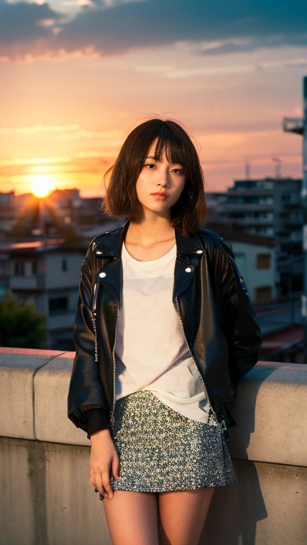 Girl with flamboyant appearance and rebellious attitude, Japanese, 15 years old, (detailed and detailed eyes, two well-defined beautiful eyes), delinquent girl, alone, gal style with emphasis on cuteness, jacket, extremely short skirt, sneakers, bobbed hair, looking at viewer, lonely expression, solitude, old Hakodate in background Townscape, summer, evening, sunset, movie scene, realistic, 8K, masterpiece, super high resolution, RAW photo, highest quality,