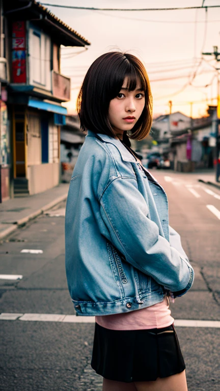 Girl with flamboyant appearance and rebellious attitude, Japanese, s old, (detailed and detailed eyes, two well-defined beautiful eyes), delinquent girl, alone, gal style with emphasis on cuteness, jacket, extremely short skirt, sneakers, bobbed hair, looking at viewer, lonely expression, solitude, old Hakodate in background Townscape, summer, evening, sunset, movie scene, realistic, 8K, masterpiece, super high resolution, RAW photo, highest quality,