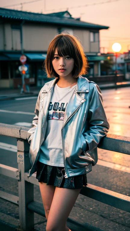 Girl with flamboyant appearance and rebellious attitude, Japanese, 15 years old, (detailed and detailed eyes, two well-defined beautiful eyes), delinquent girl, alone, gal style with emphasis on cuteness, jacket, extremely short skirt, sneakers, bobbed hair, looking at viewer, lonely expression, solitude, old Hakodate in background Townscape, summer, evening, sunset, movie scene, realistic, 8K, masterpiece, super high resolution, RAW photo, highest quality,