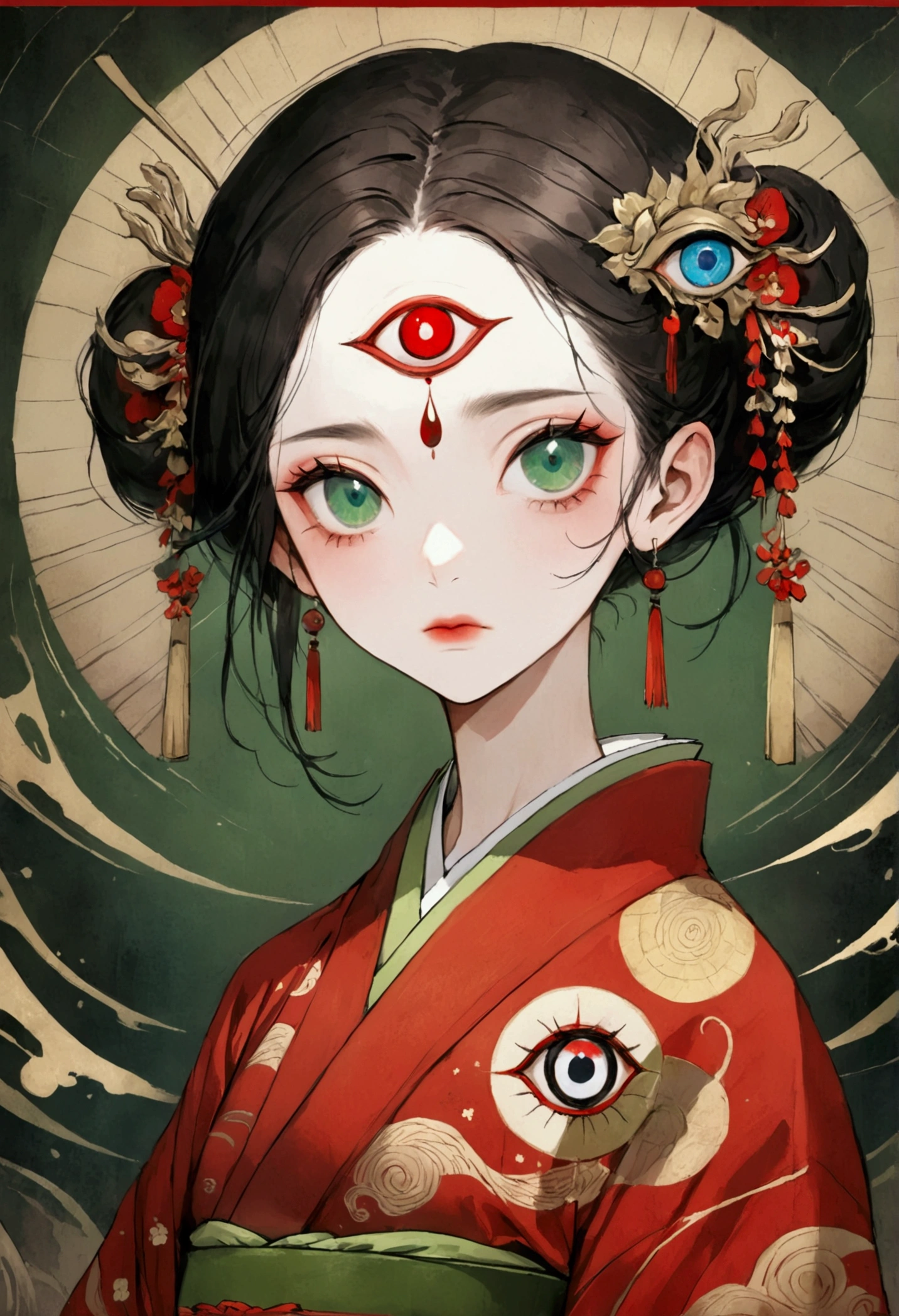 Art Illustration，Dark Style，(((1 girl，solo，Third eye on the forehead，))),(((Gorgeous Japanese red kimono：1.6，Eye Diagram，Dark Patterns))).(((Narrow waist，Greenbelt：1.37)))whole body