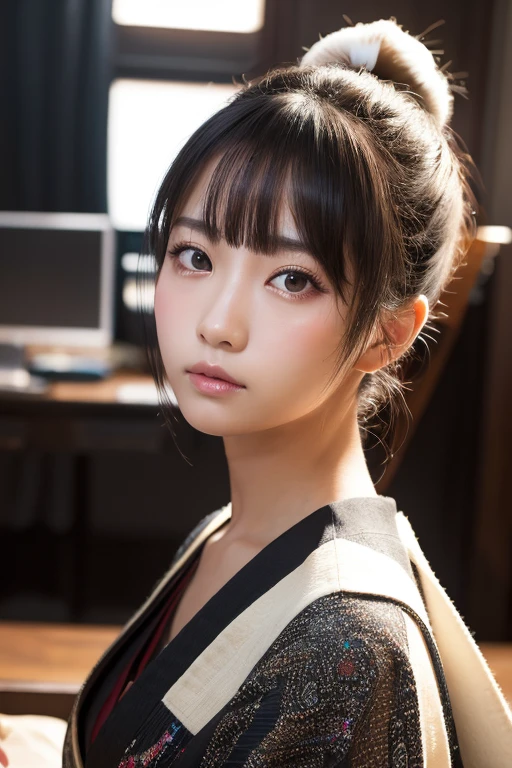 One woman, Beautiful Face, ((black eye)), Japanese Neat clothes、PC in the background, performer, space, (Lightroom:1.13), Soft Light, (Natural skin texture:1.2), (Hyperrealism:1.2), Sharp focus, Concentrated,[[Realistic]]