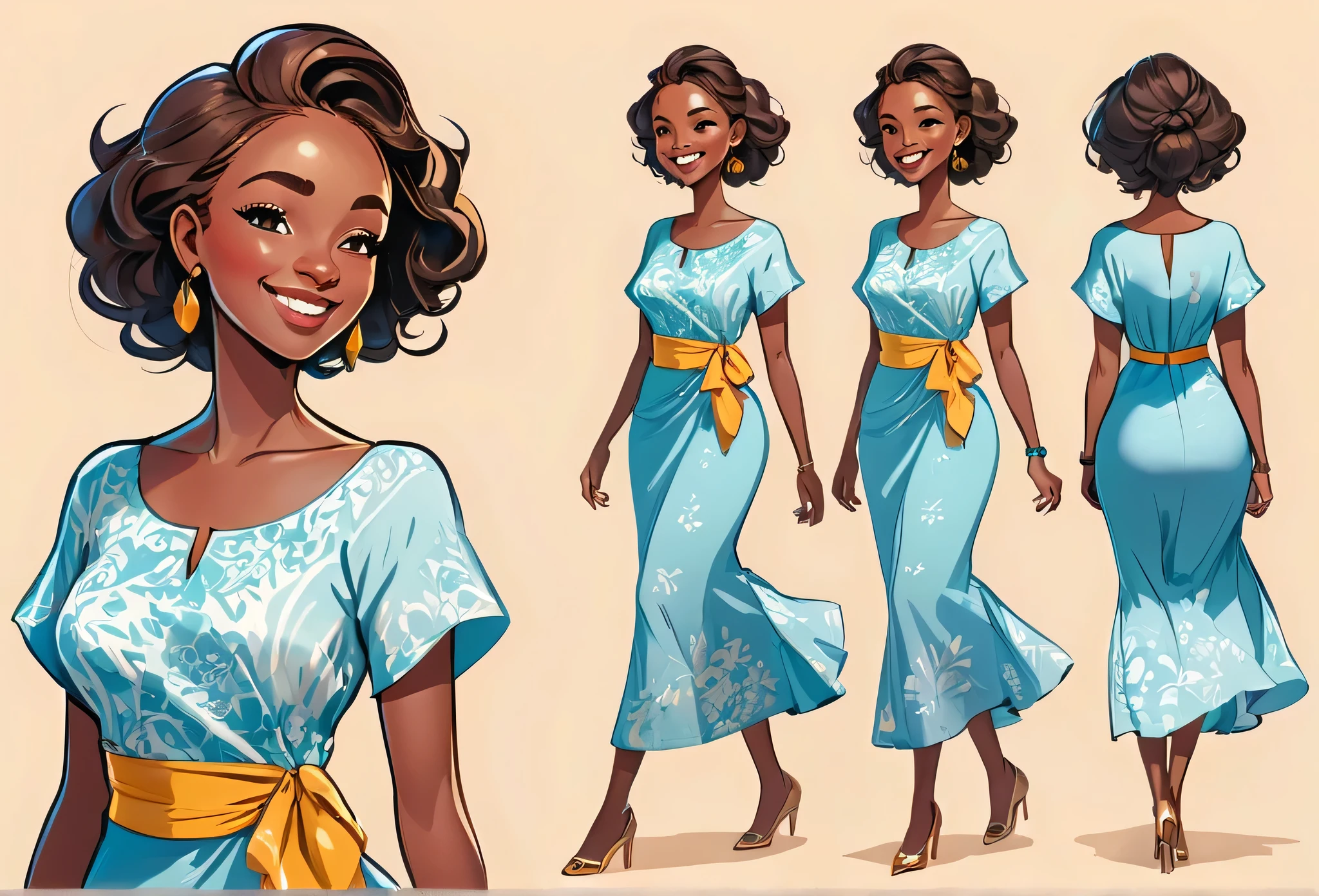 A lady with casual dress, walking and Smiling, (character design sheet) same character front, side, back
African (masterpiece best quality:1.2) delicate illustration ultra-detailed, illustrations, bright, colourful,