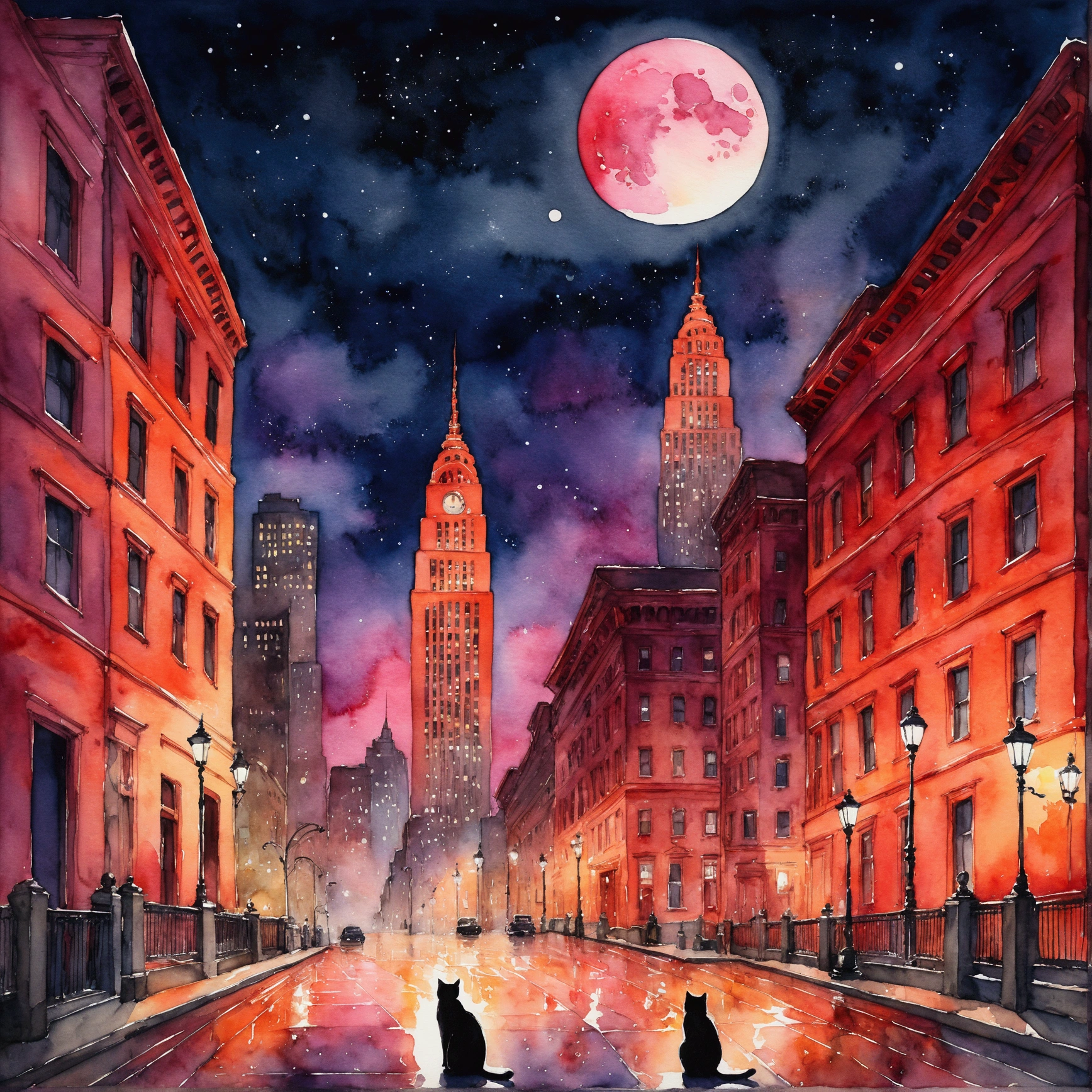 Mysterious, Ethereal January Night in Watercolor Style. pink々The Rockefeller building that became、Adds a touch of evil to the scene. The colors are vivid, The texture of the brush strokes adds depth to the surreal atmosphere.. Moonlit nights create a dreamy atmosphere, Haunting, melancholic, intricate and detailed、Light red and orange background、A cat is walking