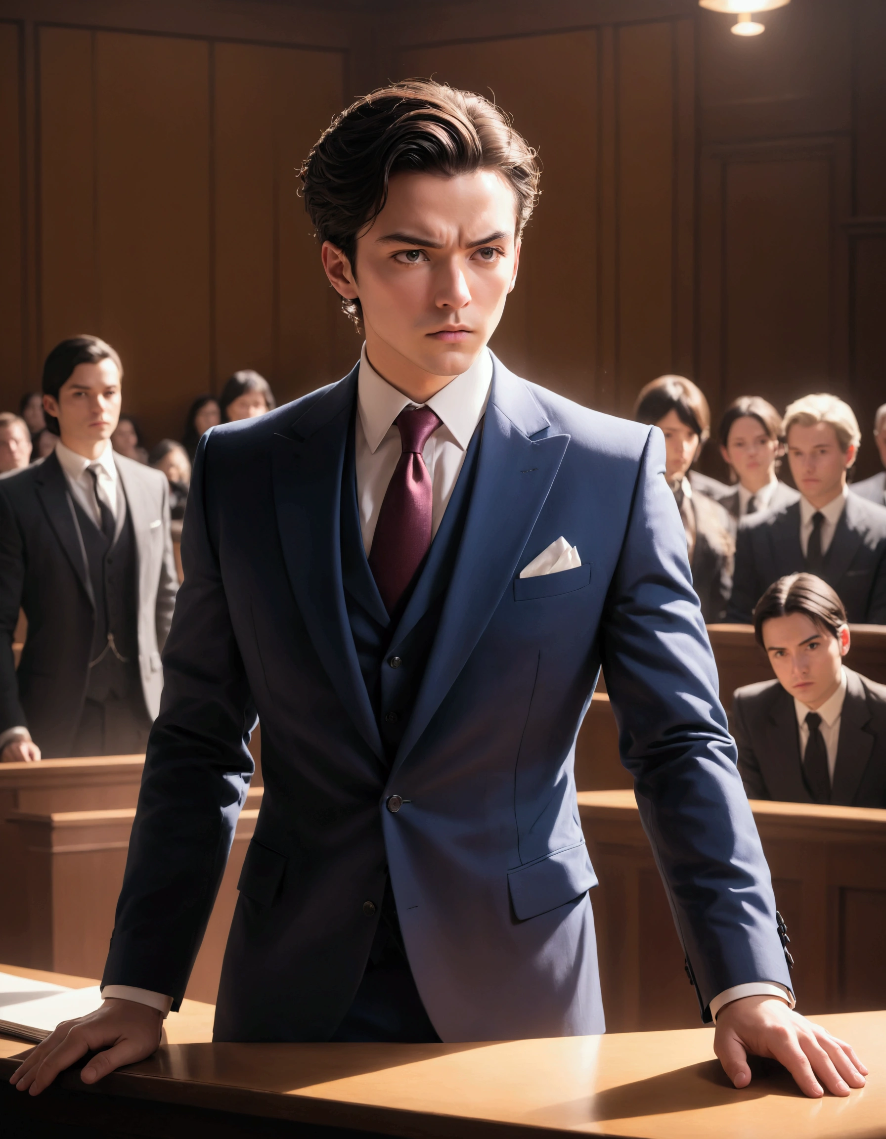 Dressed in a tailored suit, facing the prosecution in the courtroom and making an argument, a desperate formality,
Professional, committed, high-quality portrayal,