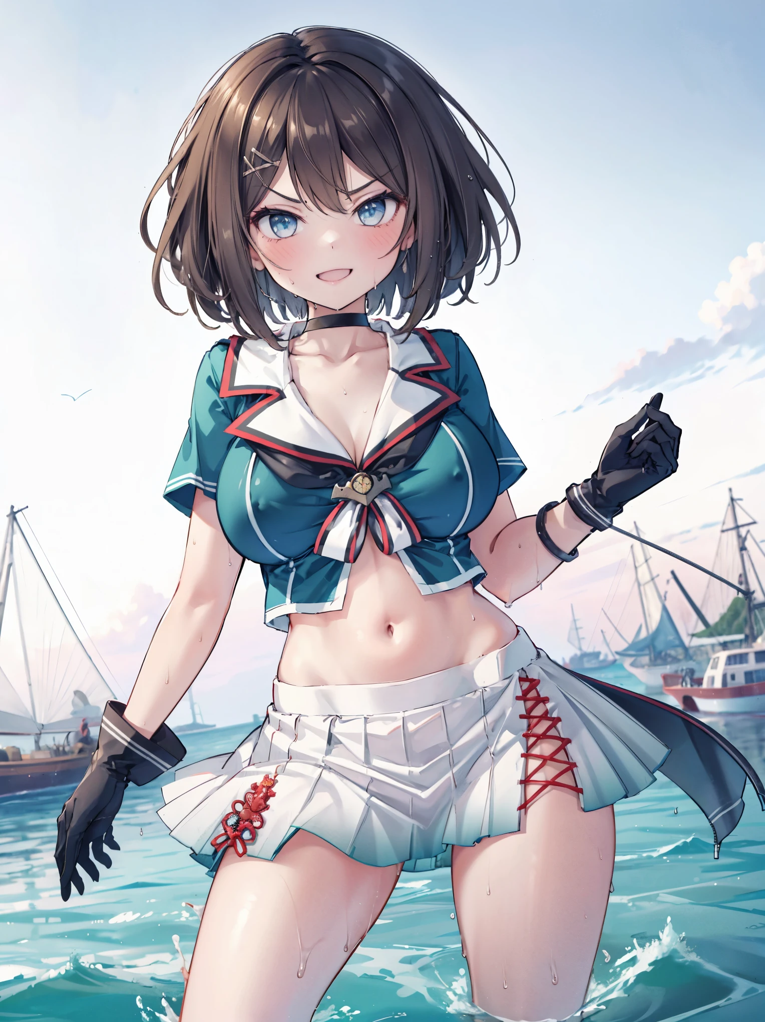 1young__ girl, , brown_hair, medium_bob_hair, blue_midriff_baring_sailor_uniform, mini_skirt, short_sleeve, thighs, gigantic_breasts, angry, smile,nihil,standing, harbor_background, slightly_spread_Legs, happiness, short_gloves, wet,,covered_nipples, covered_crotch,happy,