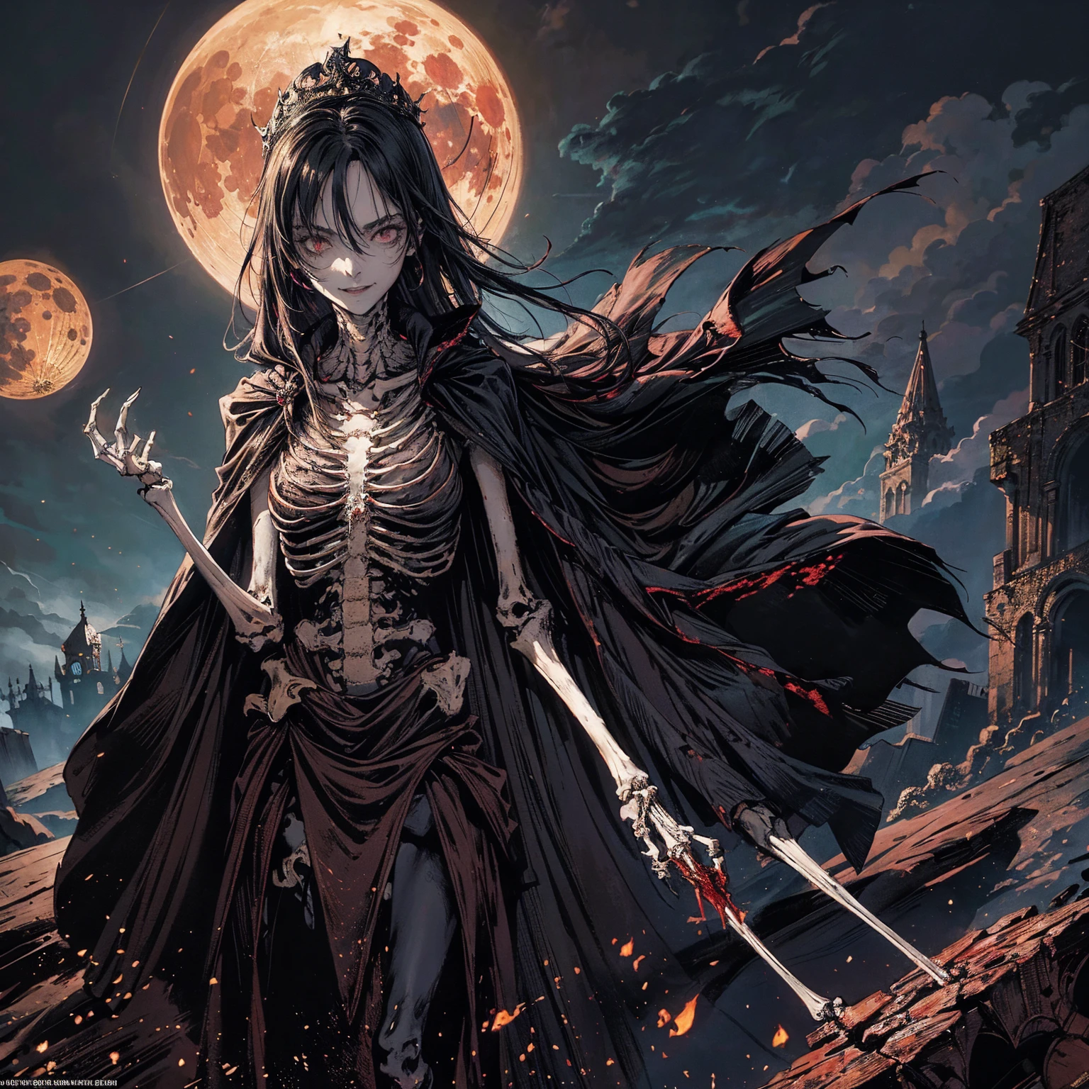 full-body shot, best quality, 4K, high resolution, masterpiece, Very detailed, Mood lighting, An undead girl in a long cape, Whole body including hands & arms & legs & feet are all skeleton bones but except the head is still beautiful human face, Wearing a ragged gothic skirt, Aloofness emotion, Dangerous sneer, Beautiful but sad smile, Black Hair, Standing, Facing the camera, Crucified, Pitch black sky, Blood-red moon, strange atmosphere, Gothic style, Unforgettable beauty, Dramatic shadows, Ethereal Light, Mysterious atmosphere.
