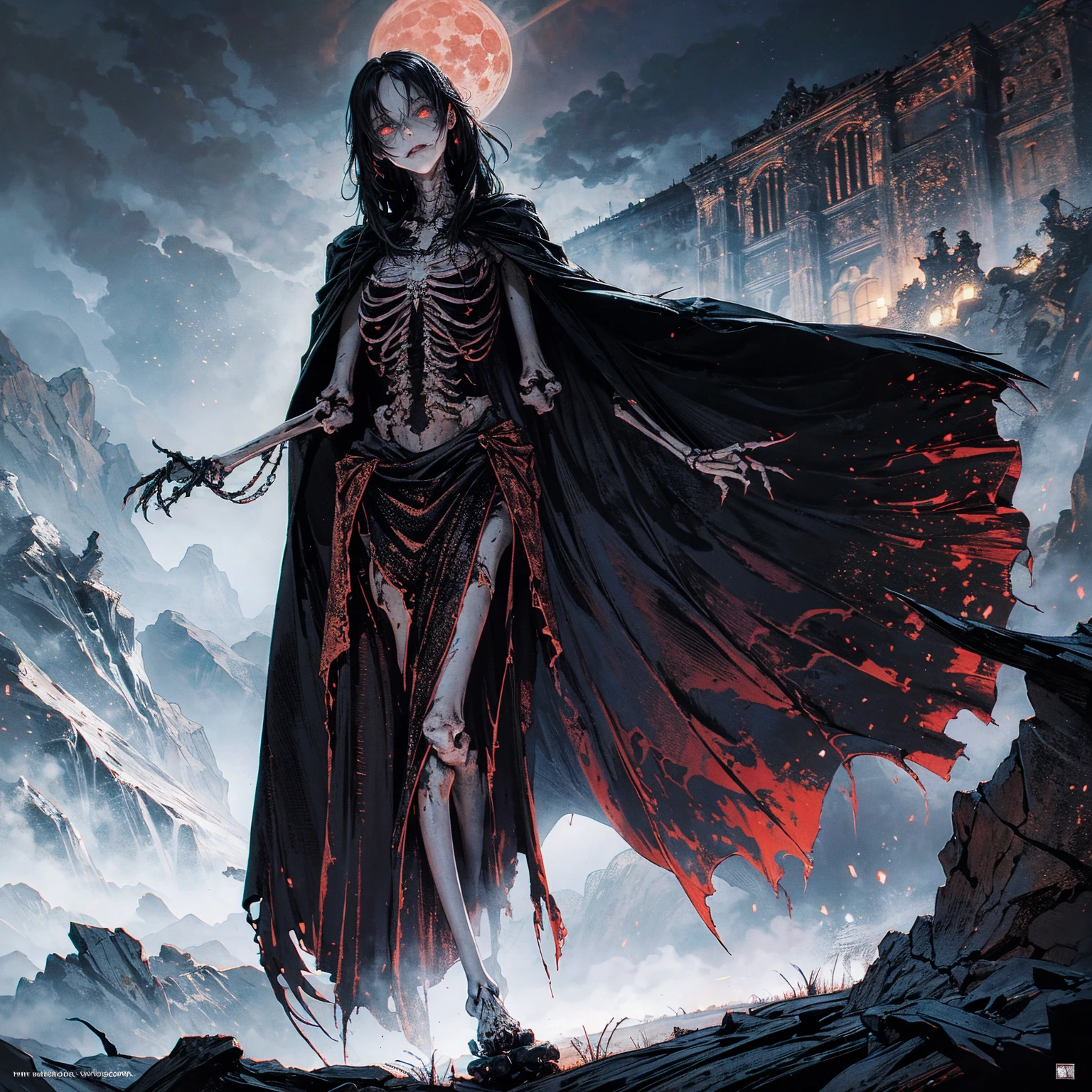 full-body shot, best quality, 4K, high resolution, masterpiece, Very detailed, Mood lighting, An undead girl in a long cape, Whole body including hands & arms & legs & feet are all skeleton bones but except the head is still beautiful human face, Wearing a ragged gothic skirt, Aloofness emotion, Dangerous sneer, Beautiful but sad smile, Black Hair, Standing, Facing the camera, Crucified, Pitch black sky, Blood-red moon, strange atmosphere, Gothic style, Unforgettable beauty, Dramatic shadows, Ethereal Light, Mysterious atmosphere.