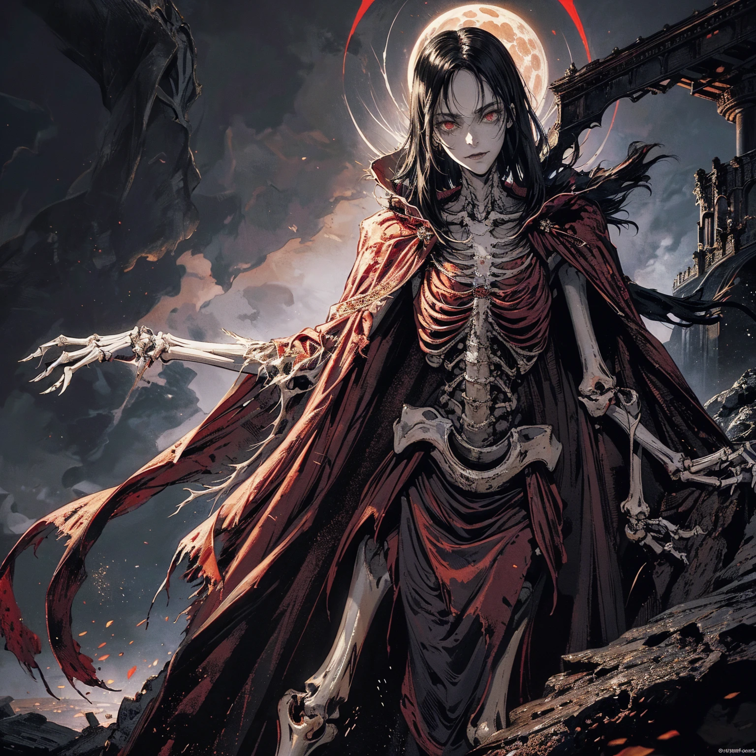 full-body shot, best quality, 4K, high resolution, masterpiece, Very detailed, Mood lighting, An undead girl in a long cape, Whole body including hands & arms & legs & feet are all skeleton bones but except the head is still beautiful human face, Wearing a ragged gothic skirt, Aloofness emotion, Dangerous sneer, Beautiful but sad smile, Black Hair, Standing, Facing the camera, Crucified, Pitch black sky, Blood-red moon, strange atmosphere, Gothic style, Unforgettable beauty, Dramatic shadows, Ethereal Light, Mysterious atmosphere.