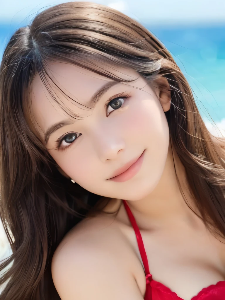 (((8k,highest quality,Attention to detail,Attention to detail、masterpiece,Attention to detail,alone))),RAW Photos & Realistic atmosphere,(beautiful, Well-proportioned face,),(beautiful dark eyes,Mouth Details,Glossy Lips,Thin eyebrows),The most beautiful ,Natural beautiful eyes,Brown Hair,Brown gentle eyes,iris,Glowing soft white skin、Her deep black eyes are so beautiful,Lip details、Very beautiful face,Very beautiful face、beautiful face,beautiful, Glowing Lips,beautifulThin eyebrows,Infinite Faces, Realistic Young Gravure Idol, Very cute beautiful girl , Young Gravure Idol, ((Young Gravure Idol, Very beautiful and cute 18 year old beauty,Incredibly beautiful and elegant 18 year old)),Natural soft light,(Shiny Hair,,beautiful and kind eyes:1.5),A very kind smile,Shapely ,Medium Long Hair,Seaside,Red Bikini,beautiful posture,No makeup,Background sea, A small smile,