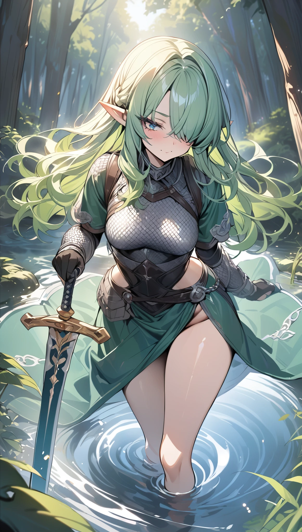 ((best quality)), ((masterpiece)), (detailed), 1girl, sexy, elf, green hair, wave hair, shiny hair, hair over one eye, forehead protector, pointy ears, Grip the sword, hold the sword, Chainmail, at pond in forest