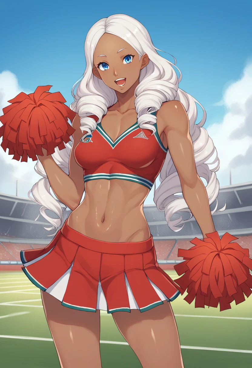 Score_9, BREAK, 1girl, white hair, curly hair, parted bangs, dark skinned girl, very dark skin girl, long hair, low twintails, bare forehead, blue eyes, puffy lips, breasts, thighs, young girl, red cheerleader outfit, midriff, skirt, sports field, blue sky, smile, open mouth, shiny skin, (cowboy shot), body upclose, standing
