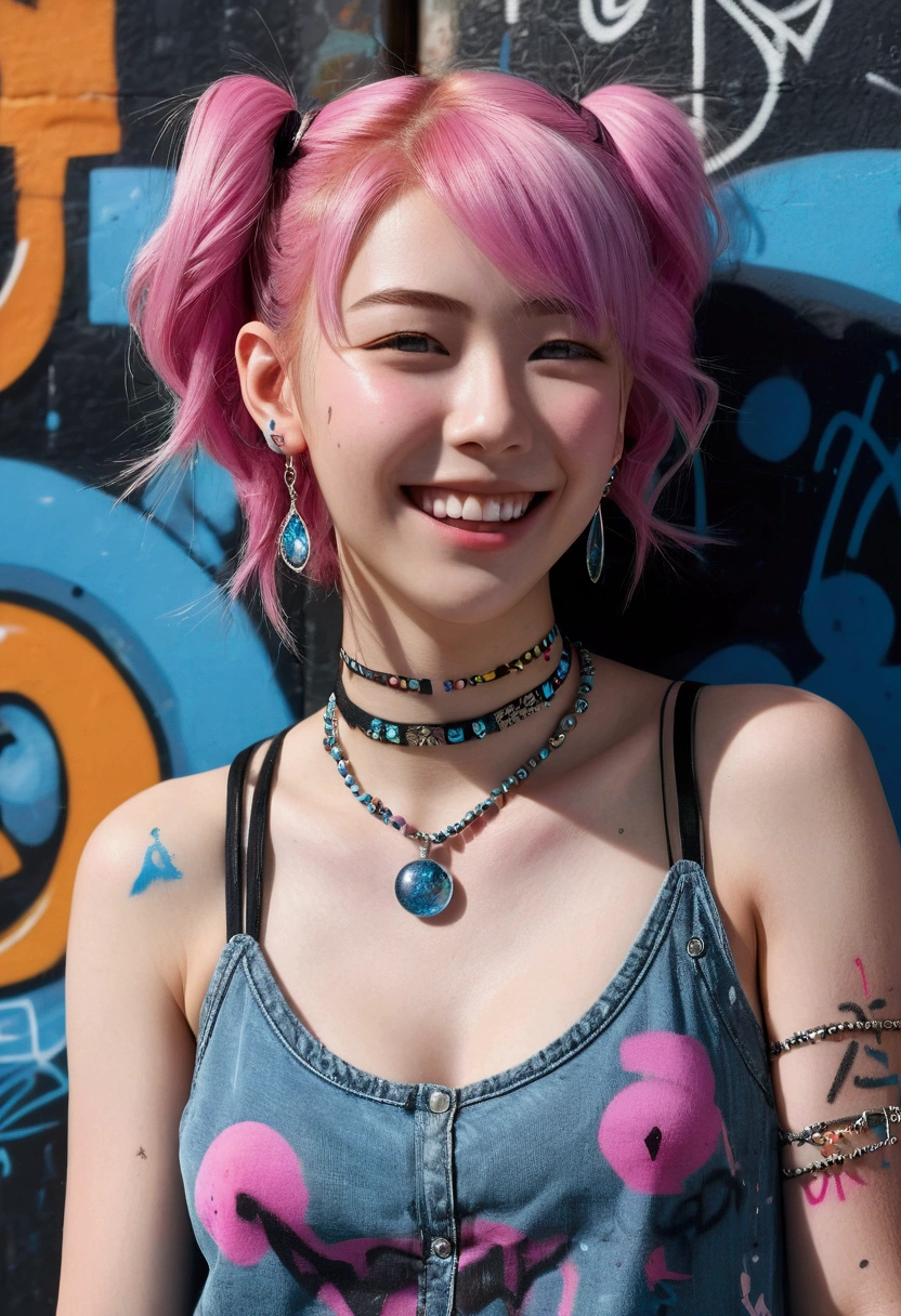 (Ultra-detailed), Black Psychedelic Shirt、Blue eyes,Upper body、Close-up、18-year-old、face、(Laughter:1.5),(Look forward:1.2),(Tabletop:1.3, highest quality, Realistic, Very detailed, In detail, High resolution, 8k wallpaper), 1 beautiful girl, Beautiful face, detailed face, Beautiful Eyes, Fine grain, seems to be happy、笑face, Earrings, necklace, Only 1 person,Pink Hair Medium Hair, (Pink Hair), Ear hair, , Single Blade, (Single Blade), (Side braid),on stage, Spotlight, 、Denim shorts, choker, (graffiti:1.5), Paint splashes, Put your arms behind your back, Against the wall, View your viewers, Bracelet, Thigh straps, body paint,