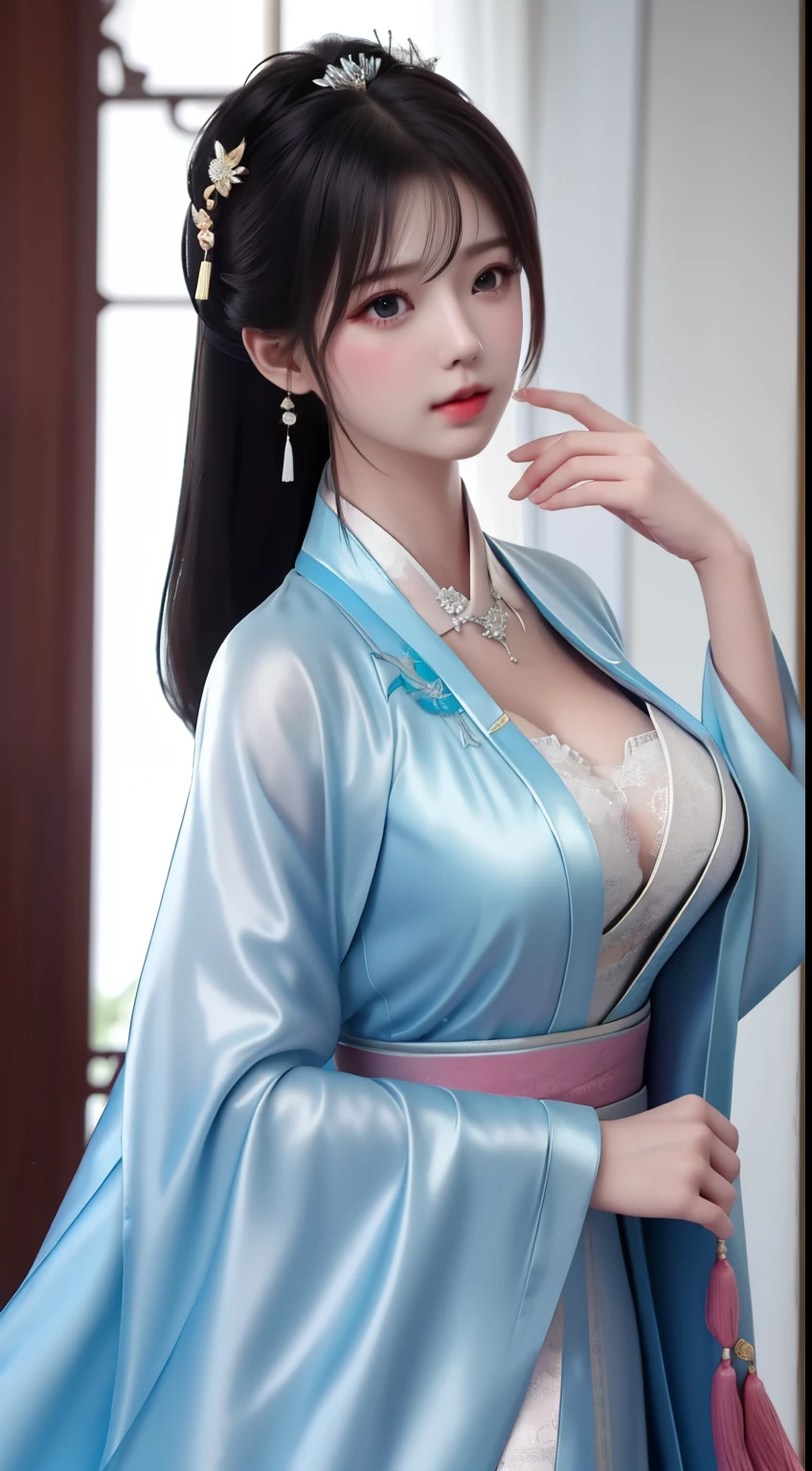 best quality, masterpiece, highres, 1girl,china dress,hair ornament,necklace, jewelry,Beautiful face,upon_body, tyndall effect,photorealistic, dark studio, rim lighting, two tone lighting,(high detailed skin:1.2), 8k uhd, dslr, soft lighting, high quality, volumetric lighting, candid, Photograph, high resolution, 4k, 8k, Bokeh, Wet-breasted Hanfu open V-chested clothes, All pictures, Wet body of thin silk fabric, Thin silk lace petticoat,princess 10 yeald old cute, (huge ,cleavage),petticoat, white pink, blue ,best qualtiy,tmasterpiece,Ultra-high resolution,(Reality:1.4),RAW photogr,(True skin texture:1.3),(filmgrain:1.3),(Selfie angle),1个Giant Breast Girl,Beautiful eye and face details,tmasterpiece,Best quality at best,exposing thighs,Bigchest,The chest is more exposed, pattern on fabric