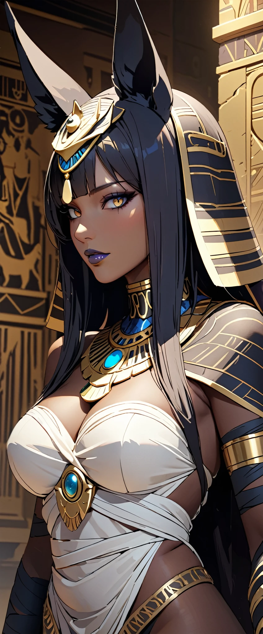 (masterpiece:1.2, Highest quality,Highest quality,Super detailed:1.2),(Very detailed),8k,Female Anubis God,Creating mummies to send to the underworld