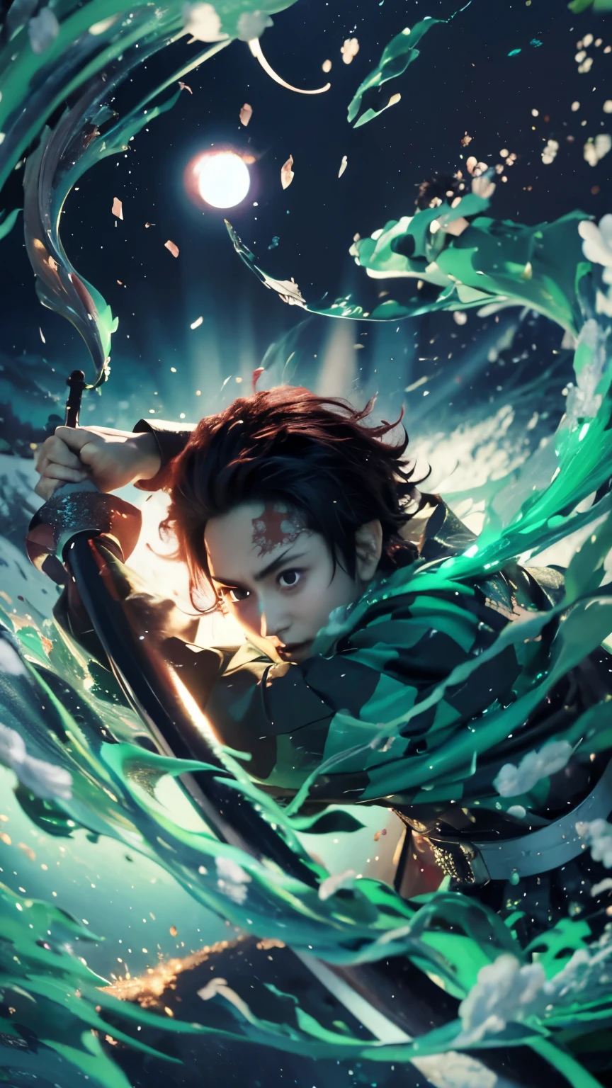 Kamando tanjiro, demon slayer, detailed hand, detailed face:1.4, detailed eyes:1.4, green wather effect:1.5, chinematic light effect, ultra-realistic, ultra-detailed, bestquality, masterpiece.