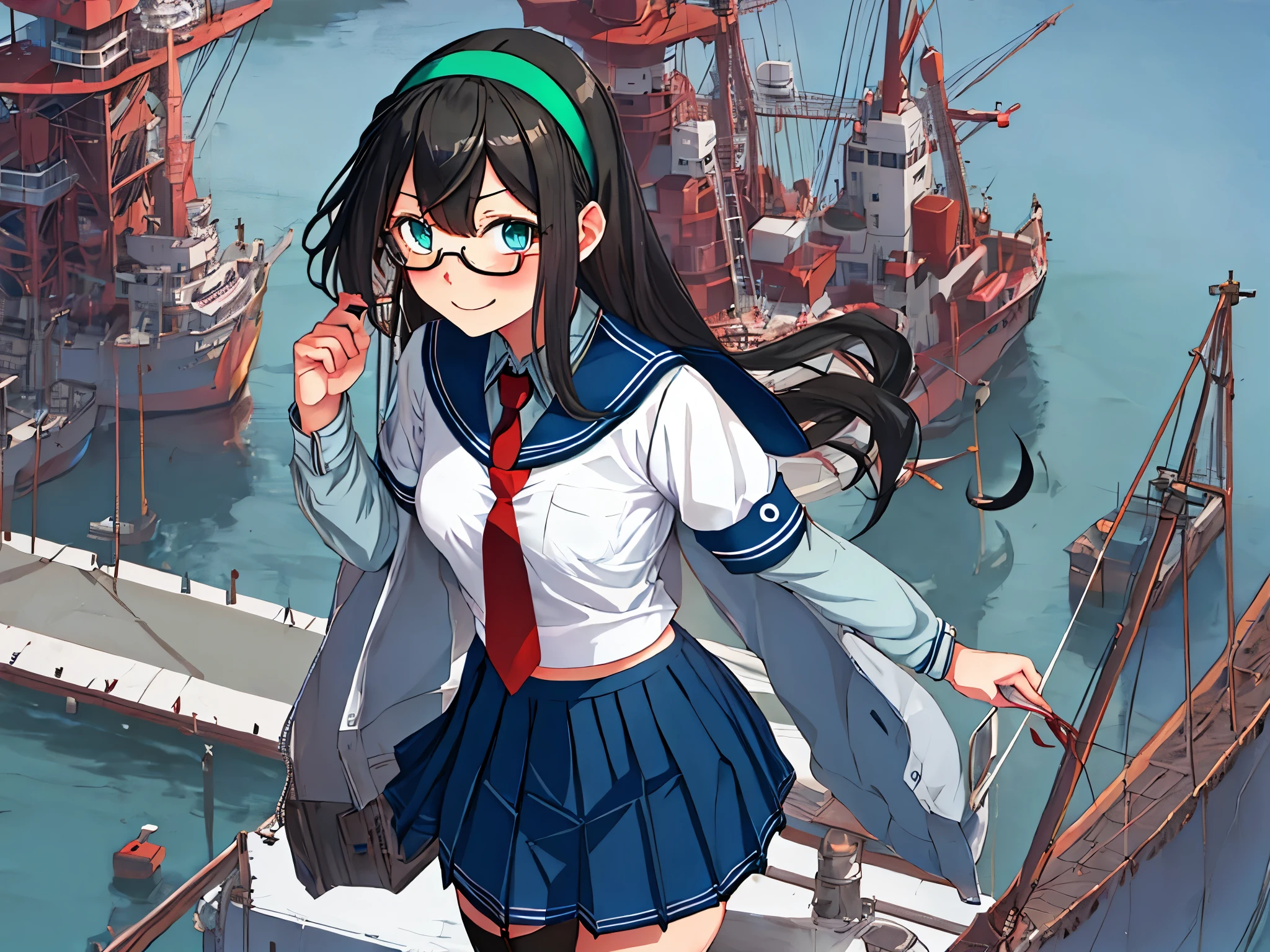 best quality, masterpiece, highres, solo, {ooyodo_kantaicollection:1.15}, black_hair, long_hair, glasses, hairband, semi-rimless_eyewear, under-rim_eyewear, blue_eyes, green_eyes, blush,small_breasts, 1girl, school_uniform, serafuku, pleats_skirt, looking_at_viewer, necktie, harbor_town_background, red_necktie,(angry:0.7),smile,,thigh-highs,