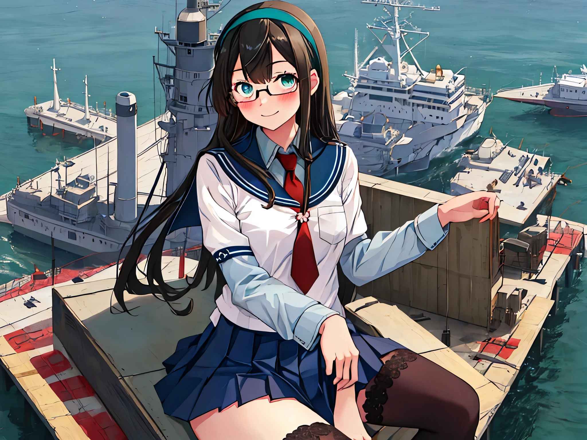 best quality, masterpiece, highres, solo, {ooyodo_kantaicollection:1.15}, black_hair, long_hair, glasses, hairband, semi-rimless_eyewear, under-rim_eyewear, blue_eyes, green_eyes, blush,small_breasts, 1girl, school_uniform, serafuku, pleats_skirt, looking_at_viewer, necktie, harbor_town_background, red_necktie,(angry:0.7),smile,,thigh-highs,
