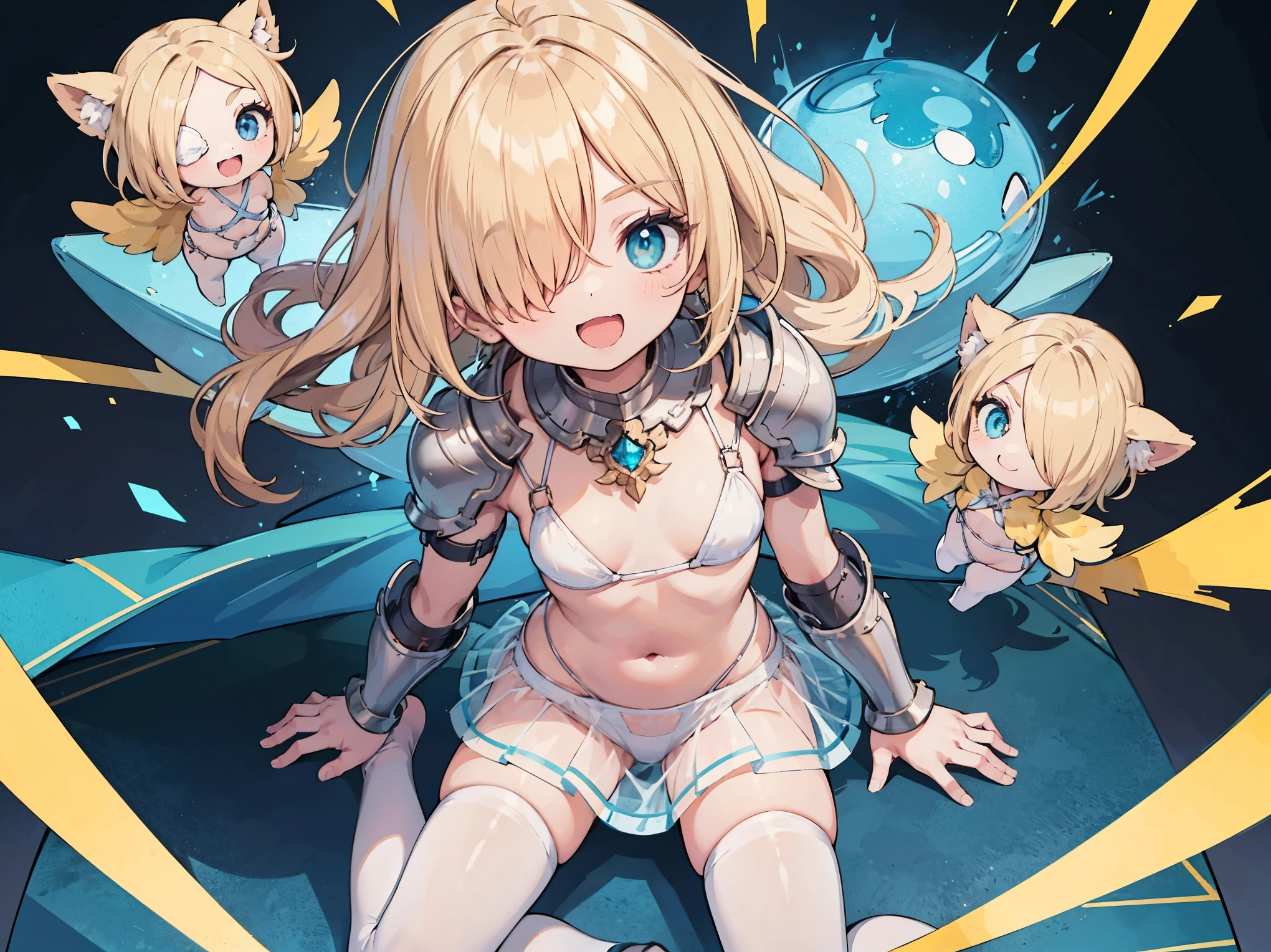 (masterpiece:1.2), (highest quality:1.2), perfect eyes, perfect face, perfect lighting, middle ages, room, 1 boy,blonde　aqua eye, ((((((hair over one eye,)))))), Braidスタイル, spike hair, dull bangs, bob hair, Braid, Ahoge, robe ((((Transparent white bikini armor)))), Thighhighs, skirt, cute eyes, Medium chest, bright, ((From above)), open your mouth, vivid description,orgasm, I was scared, (abs:0.6) Ahegao, smile+Happy, tooth, anger, sitting,From the side, creining
