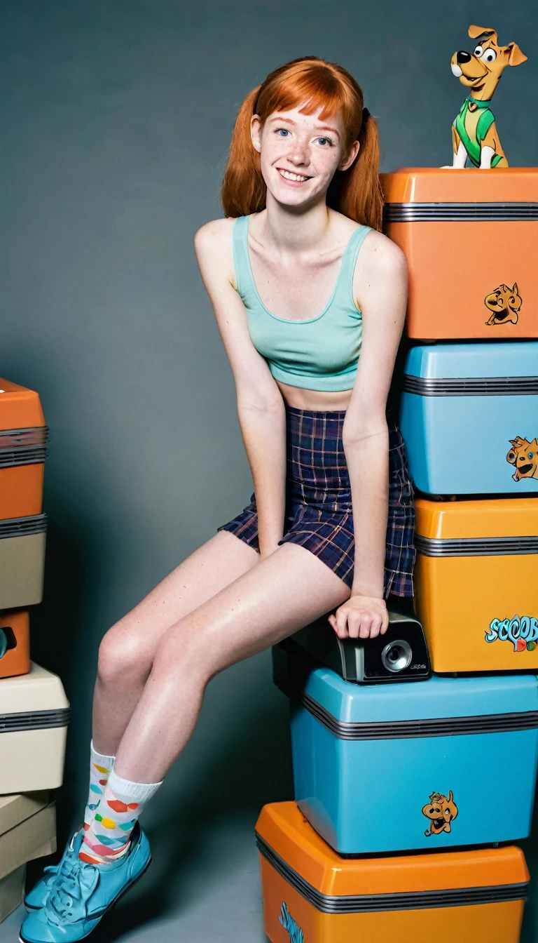 Photoshooting, A girl posing on top of multi tv boxes, shot from below, 15 years old girl, porcelain white skin and freckles, ginger hair,gentle smile,very very skinny girl with a mini low-cut tank top and mini skirt, outfit in the style of television program the mystery machine of scooby doo and his friends, (plain background ),interior tv studio,(looking at viewer), long socks with shoes, dinamyc pose.