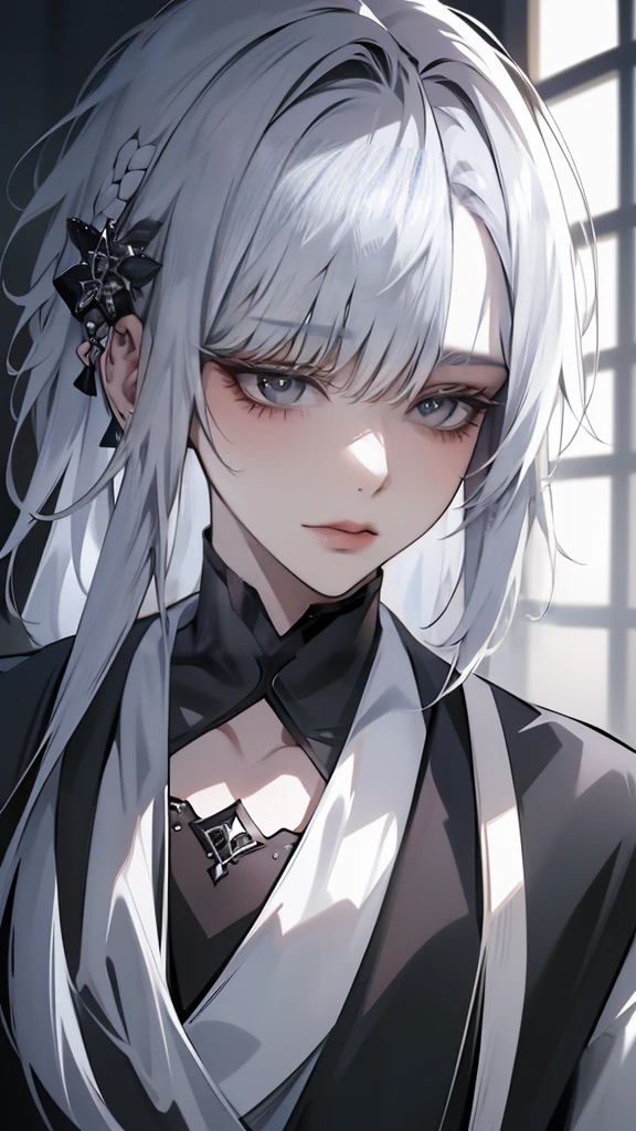 One Beautiful girl、unique hairstyle 、 silver hair color , Grey eyes、small face、anime makeup、"A girl with a cute and androgynous face"、white skin、cute eyes、Very thin eyebrows、tall、stylish black gothic fashion、stylish outfits 、、19 years old、Japanese-Korean half girl、Has a languid look、anger、Lower the corners of your mouth with no expression on your face、Photographed from the side diagonally、model photoshoot、masterpiece、highest quality、high resolution、luxurious 、glaring expression、korean makeup 、Cool photos、blurred black filter、Various poses、rich , handsome girl