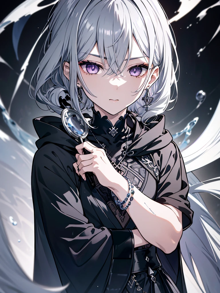 8k,High resolution RAW color art,Anime Art, (((Very detailed and cool))), Detailed skin, Blur、texture,(Exquisitely crafted, The finer details, Ultra-detailed art), (((One boy))), Depth of written boundary, Silky Touch, Hyper Detail, (((Cool face))), eye shadow、Silver Marble Skin, Beautifully detailed purple eyes, Beautiful lip detail, Very delicate face, Delicate depiction of hair and eyes, Detailed Fashion, Silver earrings,Silver Bracelet、Full body depiction, Black high neck、black waist cloak、 A little bit of grey hair、Semi-long hair、(((Hair)))、water surface、silk clotheatte、Soft clothes、cool、Food