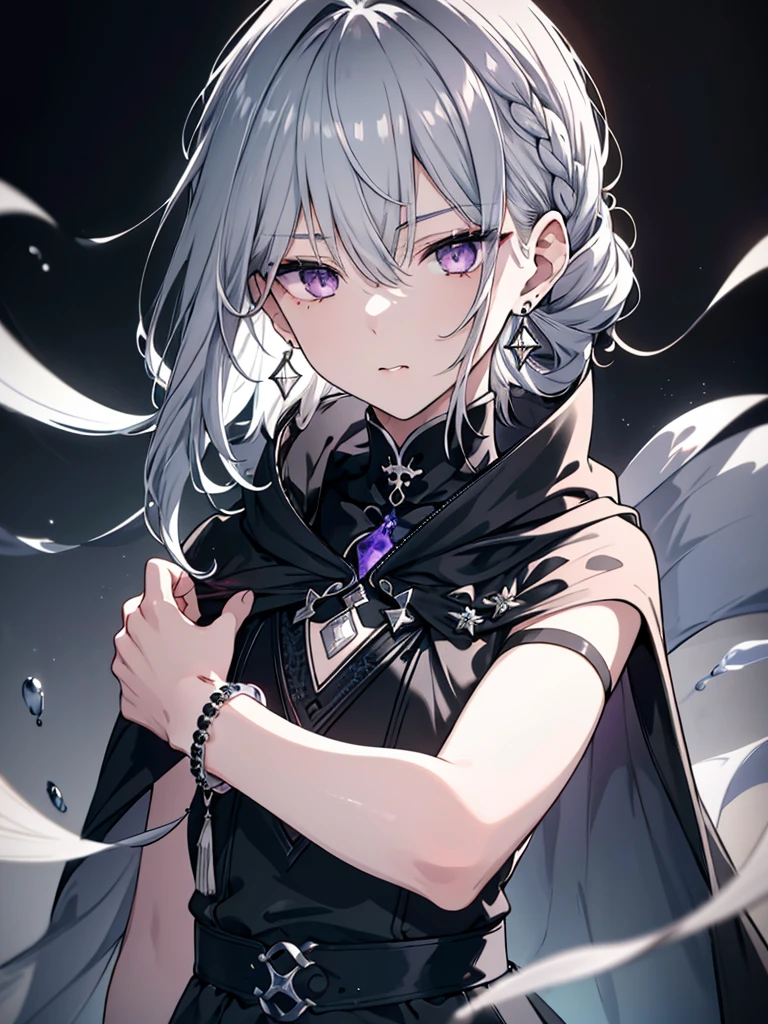 8k,High resolution RAW color art,Anime Art, (((Very detailed and cool))), Detailed skin, Blur、texture,(Exquisitely crafted, The finer details, Ultra-detailed art), (((One boy))), Depth of written boundary, Silky Touch, Hyper Detail, (((Cool face))), eye shadow、Silver Marble Skin, Beautifully detailed purple eyes, Beautiful lip detail, Very delicate face, Delicate depiction of hair and eyes, Detailed Fashion, Silver earrings,Silver Bracelet、Full body depiction, Black high neck、black waist cloak、 A little bit of grey hair、Semi-long hair、(((Hair)))、water surface、silk clotheatte、Soft clothes、cool、Food