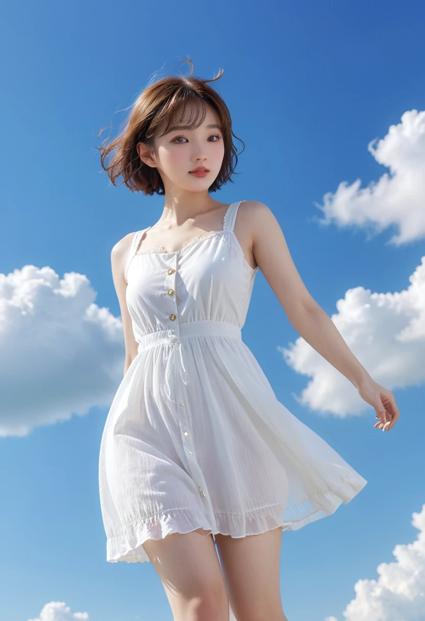 Full body portrait:1.4、Beautiful young angel girl with very short chestnut hair、Wearing a white sleeveless one-piece dress、Jump into the summer sky in the background、大きなRealな白い翼のギミック、Halo、Shooting from a low angle。(Highest quality、4K、8k、High resolution、masterpiece: 1.2)、Super detailed、(Real、Photorealistic: 1.37)、Intricate and highly detailed faces、Delicate facial features、Beautifully detailed, expressive eyes、beautiful long eyelashes、Cute button nose、Beautifully detailed lips、Ideal body type、White and detailed skin、Graceful pose、Dynamic Movement、Detailed summer sky、Detailed summer clouds、Natural lighting、Warm tones、Golden Hour、Glowing Skin、Ethereal、Heavenly、Sacred、Sky、jpn-girl、ohwx woman
