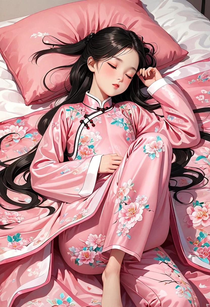 A beautiful 15-year-old martial artist Beautiful black-haired girl She is wearing a finely textured, pink, long-sleeved embroidered Chinese dress. She is wearing pink shiny embroidered Chinese trousers that expose her genitals. She has hair on her pussy She is prepared for birth on a floral glossy duvet She is fast asleep with her legs wide open during childbirth.