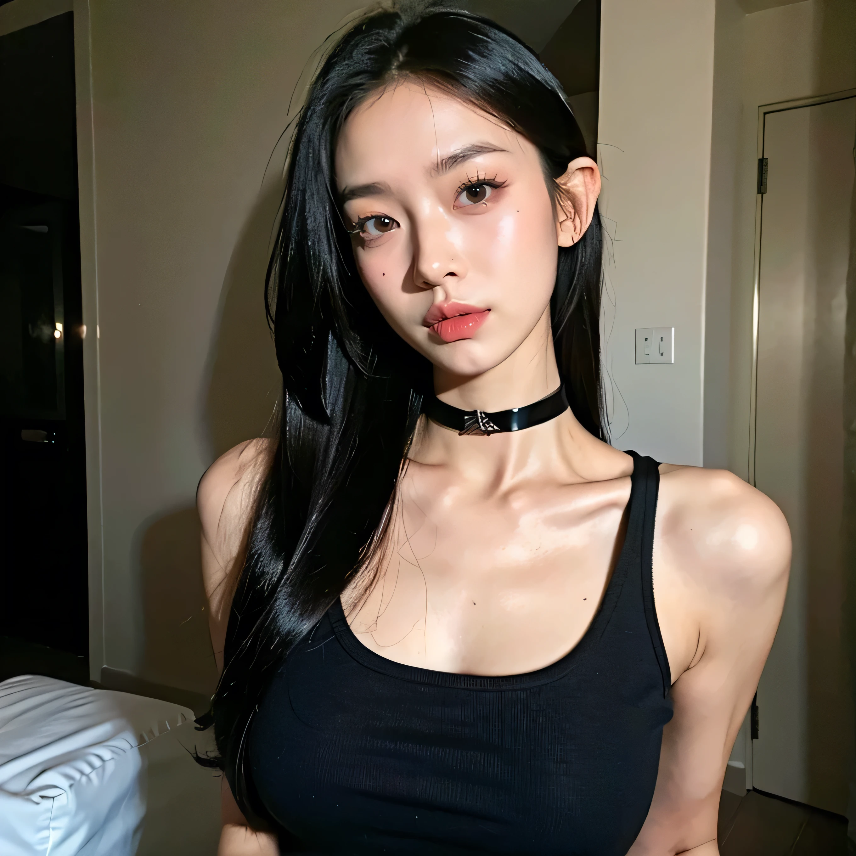 best quality, ultra high res, (photorealistic:1.4), pretty girl, tanktop black shirt, black tight skirt, black choker, (faded ash gray hair:1), medium breasts, looking at viewer, closeup, (pretty face) , southeast asia girl. 