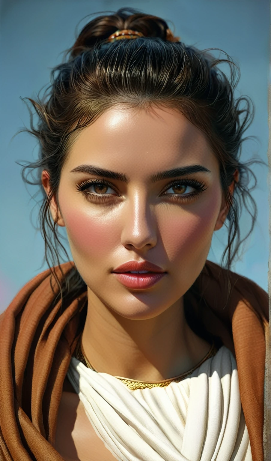 Arafed woman with a scarf and a necklace on her neck., ultra Realistic digital painting, Realistic digital painting, photoBeautiful realistic face, 4k realistic digital art, 4k realistic digital art, photoRealistic digital painting, Highly realistic digital art, highly detailed realistic face, realistic cinematic portrait, Beautiful realistic face, beautiful realistic face, deviantart art station cgscosiety