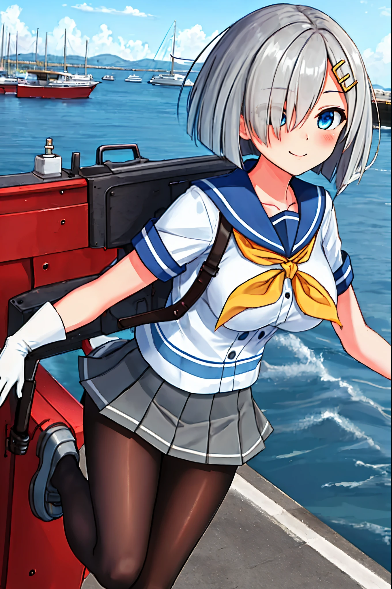 best quality, masterpiece, highres, solo, {hamakaze_kantaicollection:0.90}, 1girl, black_pantyhose, pleated_skirt, serafuku, short_sleeves, simple_background, white_background, yellow_neckerchief, white_gloves, looking_at_viewer, grey_skirt, blush, eyes_visible_through_hair, blue_sailor_collar, dynamic_posing,long_bangs,hair_over_one_eye,harbor_school_landscape_background,outdoor,smile,