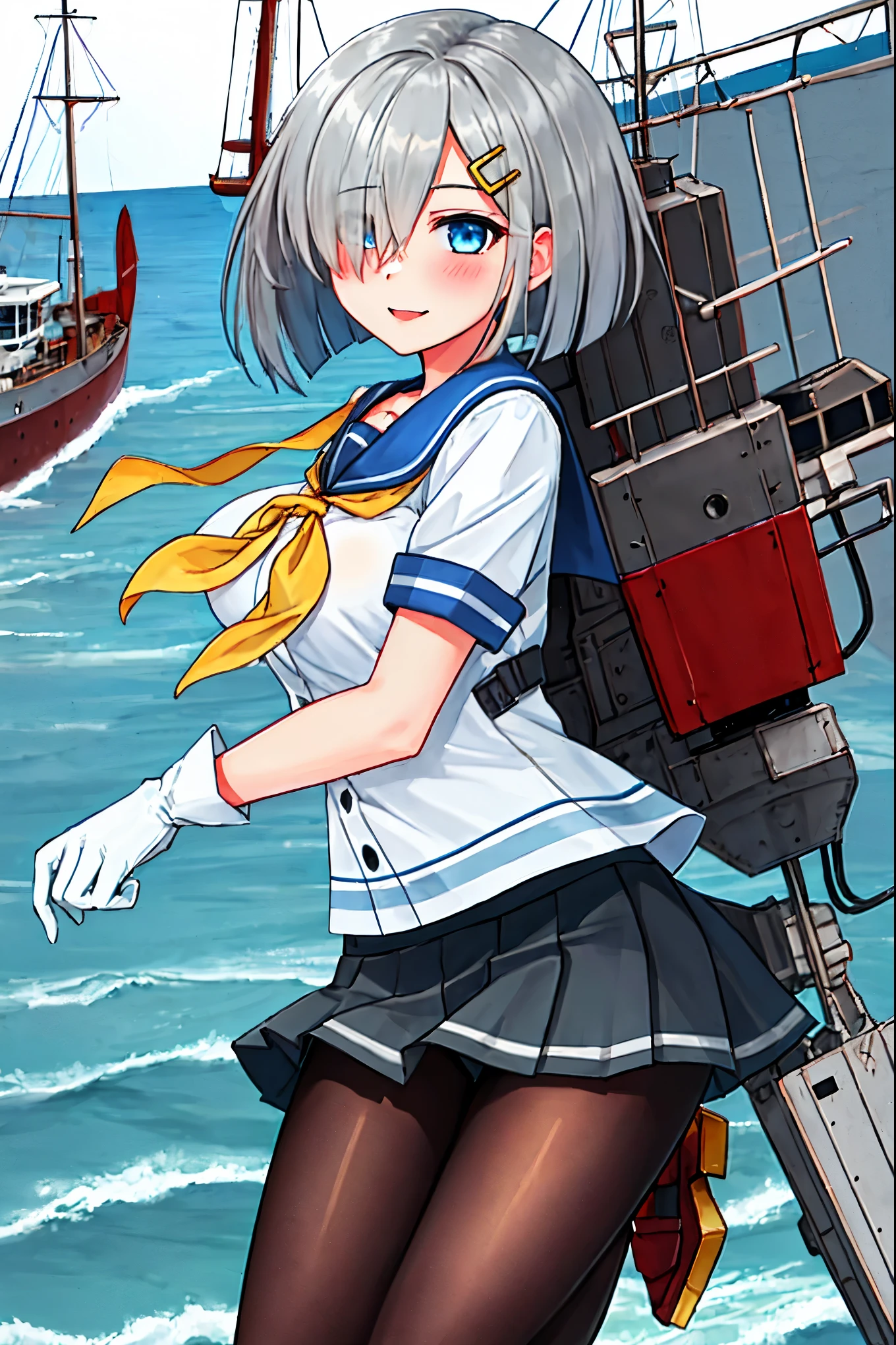 best quality, masterpiece, highres, solo, {hamakaze_kantaicollection:0.90}, 1girl, black_pantyhose, pleated_skirt, serafuku, short_sleeves, simple_background, white_background, yellow_neckerchief, white_gloves, looking_at_viewer, grey_skirt, blush, eyes_visible_through_hair, blue_sailor_collar, dynamic_posing,long_bangs,hair_over_one_eye,harbor_school_landscape_background,outdoor,smile,