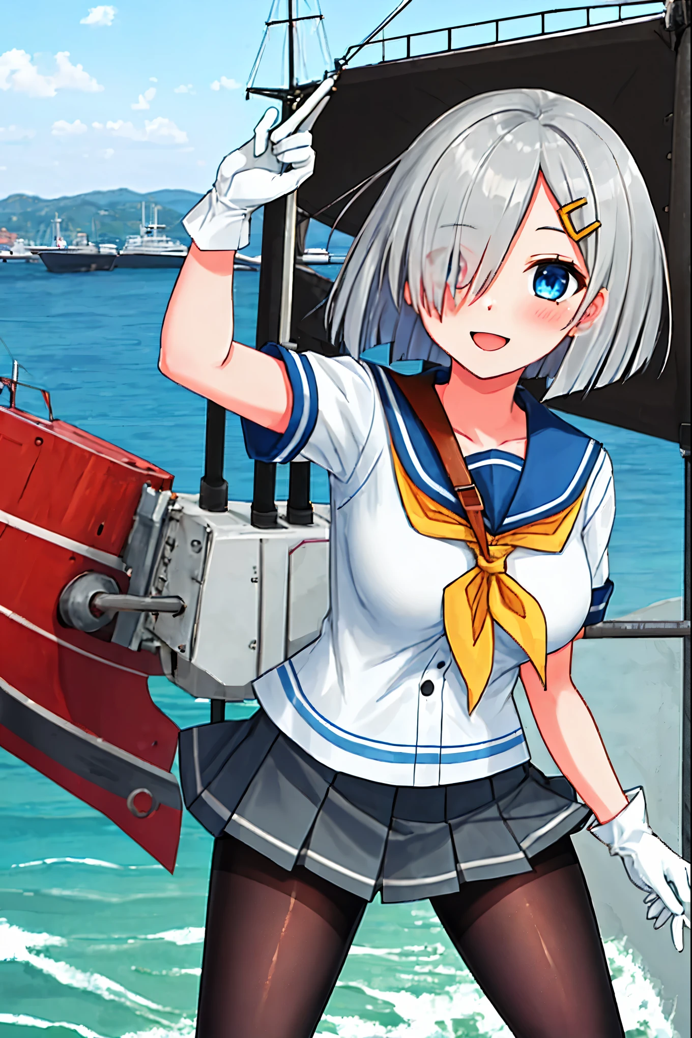 best quality, masterpiece, highres, solo, {hamakaze_kantaicollection:0.90}, 1girl, black_pantyhose, pleated_skirt, serafuku, short_sleeves, simple_background, white_background, yellow_neckerchief, white_gloves, looking_at_viewer, grey_skirt, blush, eyes_visible_through_hair, blue_sailor_collar, dynamic_posing,long_bangs,hair_over_one_eye,harbor_school_landscape_background,outdoor,smile,