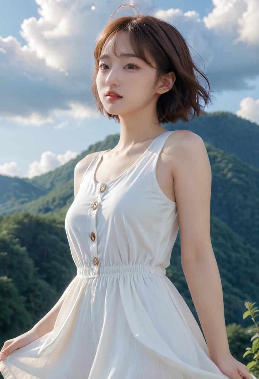 Full body portrait:1.4、Beautiful young angel girl with very short chestnut hair、Wearing a white sleeveless one-piece dress、Jump into the summer sky in the background、大きなRealな白い翼のギミック、Halo、Shooting from a low angle。(Highest quality、4K、8k、High resolution、masterpiece: 1.2)、Super detailed、(Real、Photorealistic: 1.37)、Intricate and highly detailed faces、Delicate facial features、Beautifully detailed, expressive eyes、beautiful long eyelashes、Cute button nose、Beautifully detailed lips、Ideal body type、White and detailed skin、Graceful pose、Dynamic Movement、Detailed summer sky、Detailed summer clouds、Natural lighting、Warm tones、Golden Hour、Glowing Skin、Ethereal、Heavenly、Sacred、Sky、jpn-girl、ohwx woman