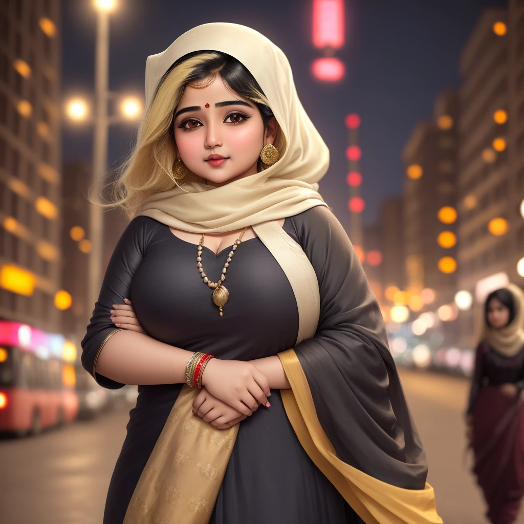 (((desi girl))), chubby face, natural skin, wearing hot deep neck top and dupatta, charming black hair, ((hair ends are blonde)), city streets background, bokeh