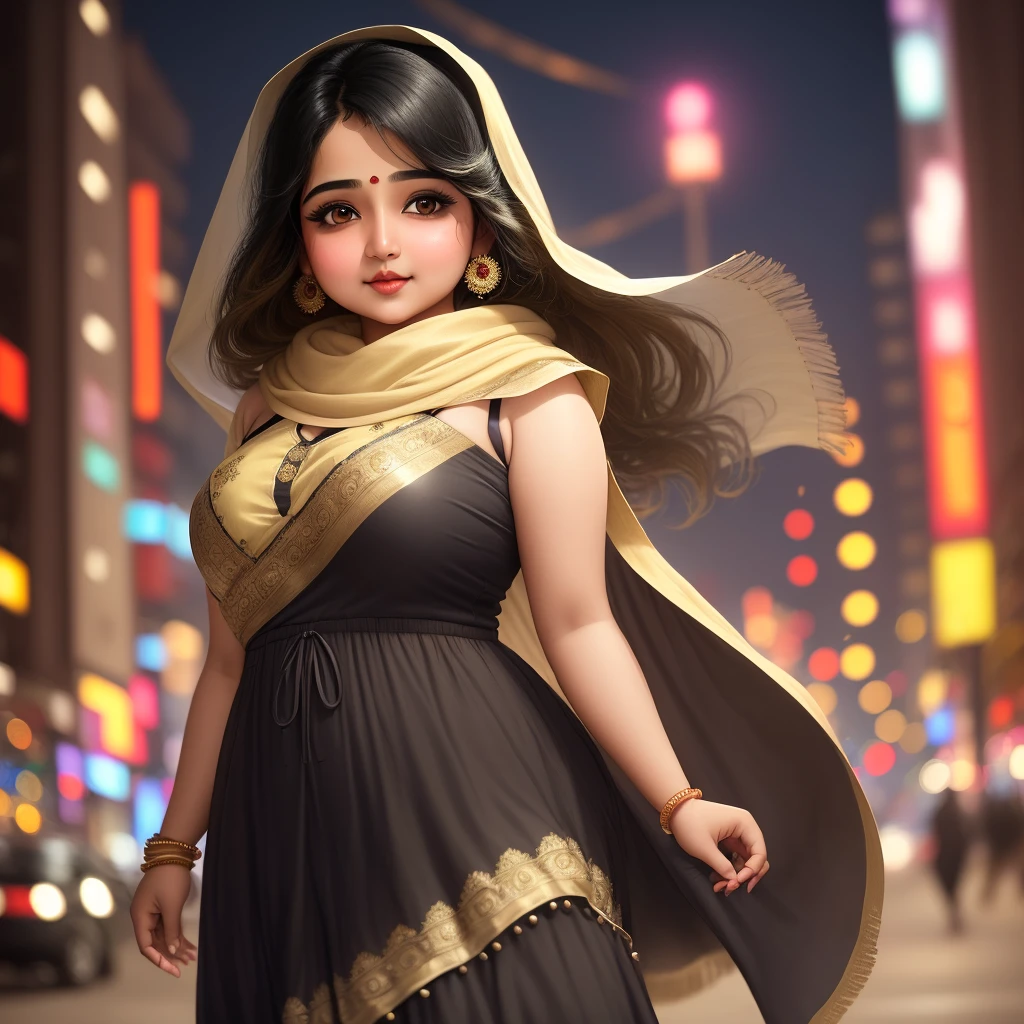 (((desi girl))), chubby face, natural skin, wearing hot deep neck top and dupatta, charming black hair, ((hair ends are blonde)), city streets background, bokeh