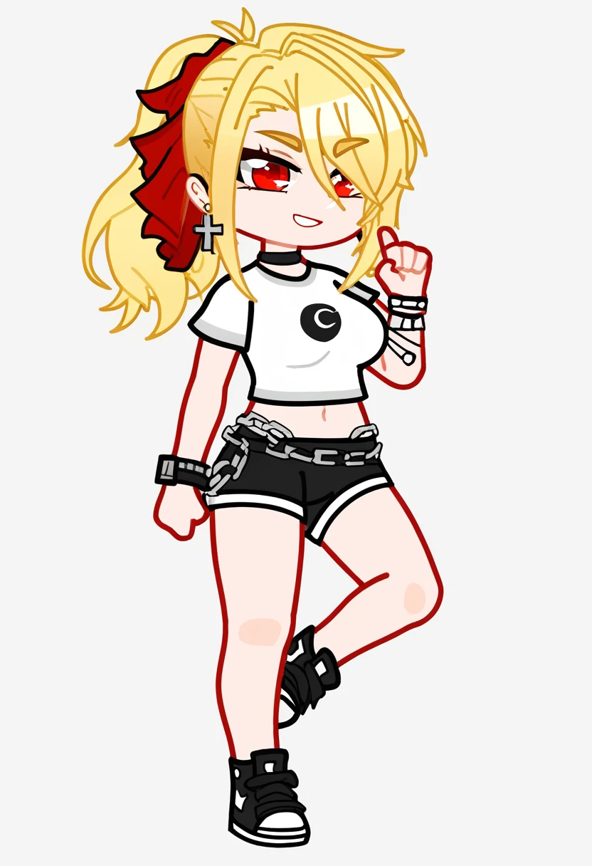 up to, chibi , confident and fully empowered with big breasts. blonde-colored hair . Her eyes are both scarlet, which gives her determination. . brows , thin and dark gives a decisive look. Wearing shorts with a chain and a short T-shirt that fits , Low-rise sneakers on feet, on one hand there is a dark watch