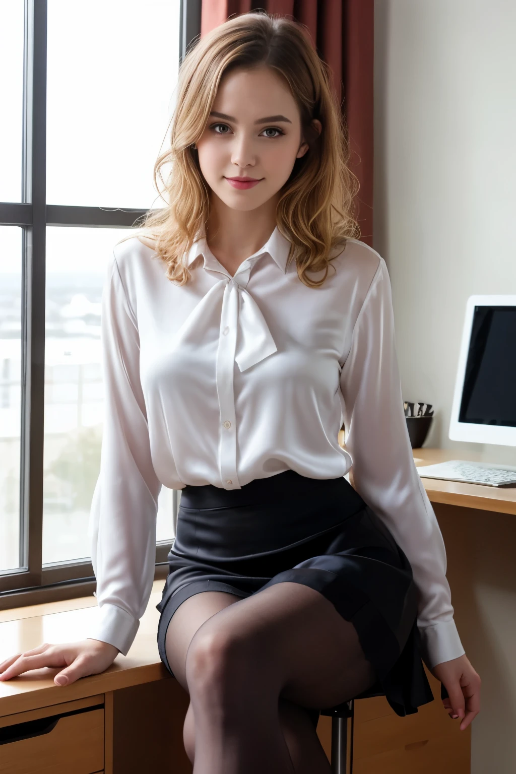 ulzzang-6500-v1.1, (RAW Photos:1.2), (Photorealistic), (See through:1.3), (Genuine:1.4), 1With a girl、26 years old、, Ocean Blue Eyes(Eye details), A shy smile、Blonde semi-long hair、Curly Hair、European girl、(Elegant silk blouse:1.3), (Ultra-realistic pantyhose:1.3), (flare skirt:1.2), sitting in the office and working at the desk、Realistic skin texture、Glowing Skin、Exposed thighs!!! ,Makeup、