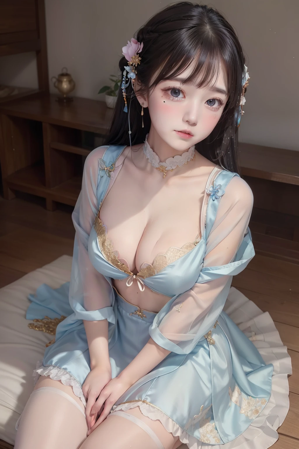 a princess 14 yeald old cute, Master picture quality, Highest quality, Best picture quality, Exaggerated details, The expression is shy,a close up of a , Super beautiful,Long hair, Very exaggerated and compact, Round breasts , Pose in front of the camera, ,, Wet-breasted Hanfu open V-chested clothes pink, All pictures, Wet body of thin silk fabric, Thin silk lace petticoat, (huge ,cleavage), petticoat, white pink, blue, jewery , gold etail