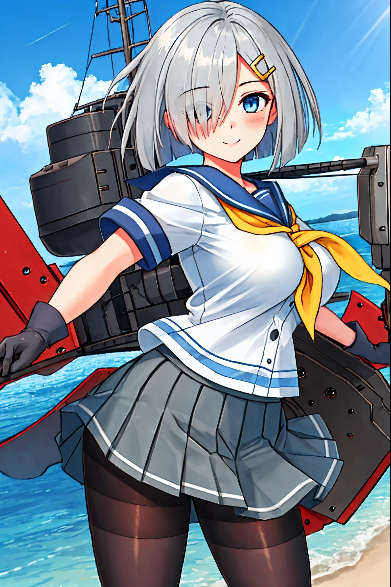 best quality, masterpiece, highres, solo, {hamakaze_kantaicollection:0.90}, 1girl, black_pantyhose, pleated_skirt, serafuku, short_sleeves, simple_background, white_background, yellow_neckerchief, white_gloves, looking_at_viewer, grey_skirt, blush, eyes_visible_through_hair, blue_sailor_collar, dynamic_posing,long_bangs,hair_over_one_eye,harbor_school_landscape_background,outdoor,smile,