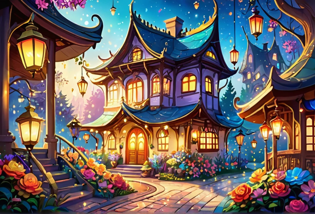 A beautiful house, magical, with sparkling lights and colourful lanterns, beautiful flowers, glowing paths, magica atmosphere, (masterpiece best quality:1.2) delicate illustration ultra-detailed, illustrations, bright, colourful, Disney style.